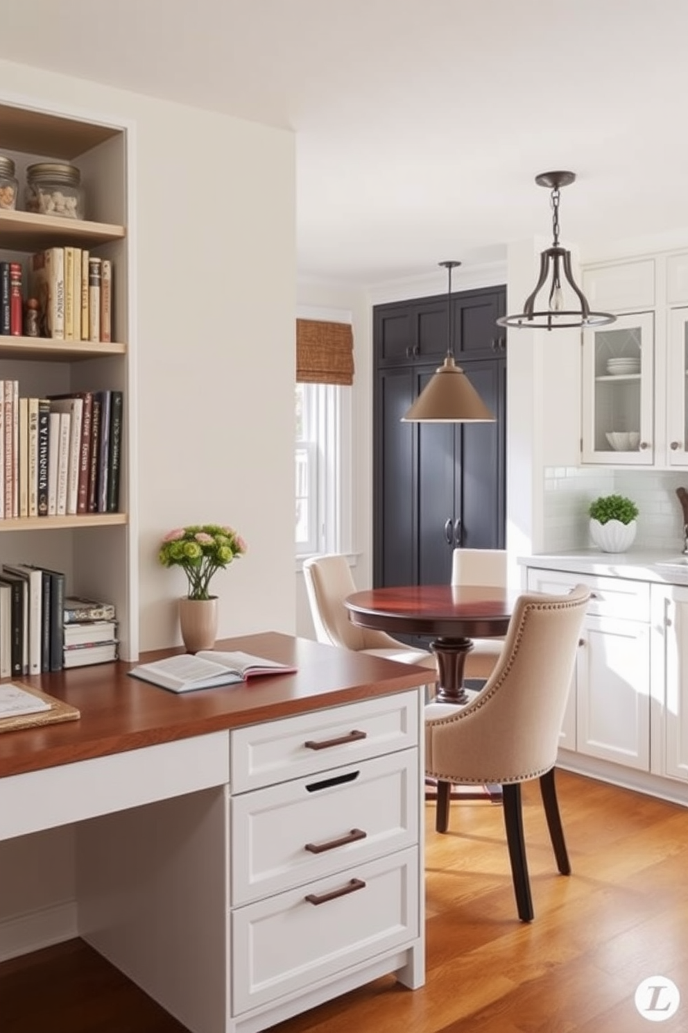 A functional desk area for meal planning is designed with a sleek wooden desk that features ample storage drawers. Above the desk, open shelving displays cookbooks and decorative jars, while a comfortable chair invites long planning sessions. The kitchen alcove is bright and airy, with white cabinetry and a cozy breakfast nook bathed in natural light. A round table with upholstered chairs sits in the alcove, complemented by a stylish pendant light hanging above.