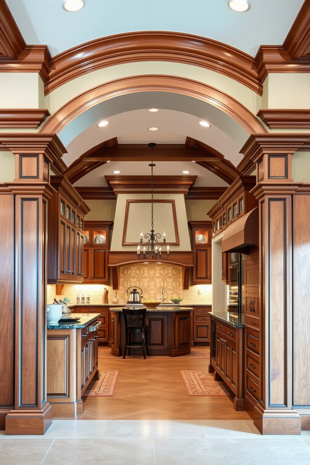 A stunning kitchen features elegant crown molding arches that enhance the traditional aesthetic. The arches frame a spacious entryway leading into a beautifully designed cooking area with classic cabinetry and warm lighting. The kitchen showcases a harmonious blend of modern functionality and timeless charm. Rich wood tones and intricate details create an inviting atmosphere, perfect for family gatherings and culinary creativity.