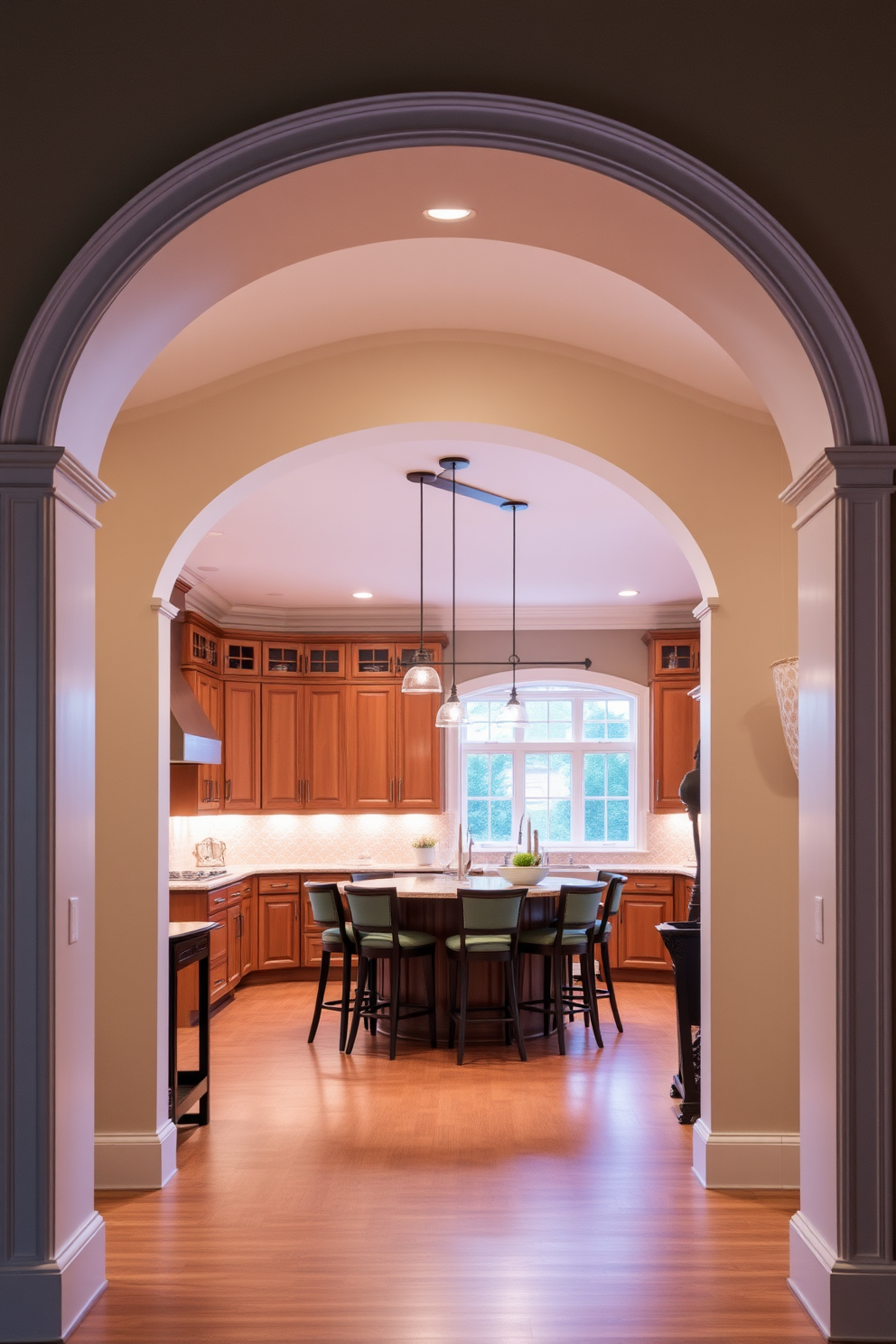 A rounded archway leads into a cozy kitchen filled with soft, ambient lighting that enhances the warm tones of the wooden cabinetry. The arch is elegantly framed with decorative molding, creating a seamless transition between the kitchen and dining area. The kitchen features a central island with bar stools, inviting casual gatherings and conversations. Subtle pendant lights hang above the island, casting a gentle glow that complements the overall inviting atmosphere.