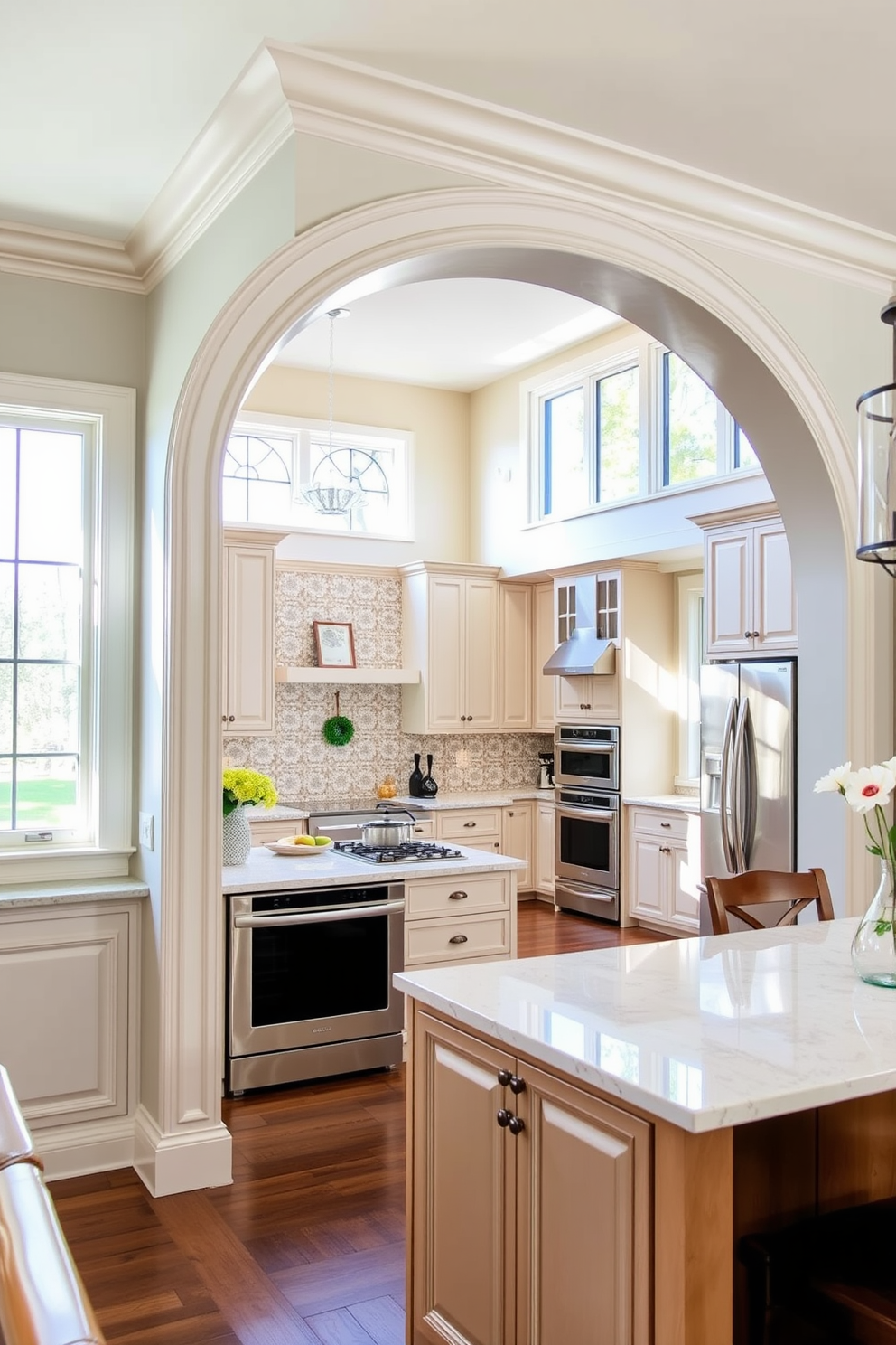 A stunning kitchen space featuring a glass panel arch that enhances light and openness. The arch seamlessly connects the kitchen to the dining area, creating a sense of flow and spaciousness. The kitchen showcases modern cabinetry with sleek finishes and a large island with bar seating. Natural light floods the area, highlighting the elegant materials and inviting atmosphere.