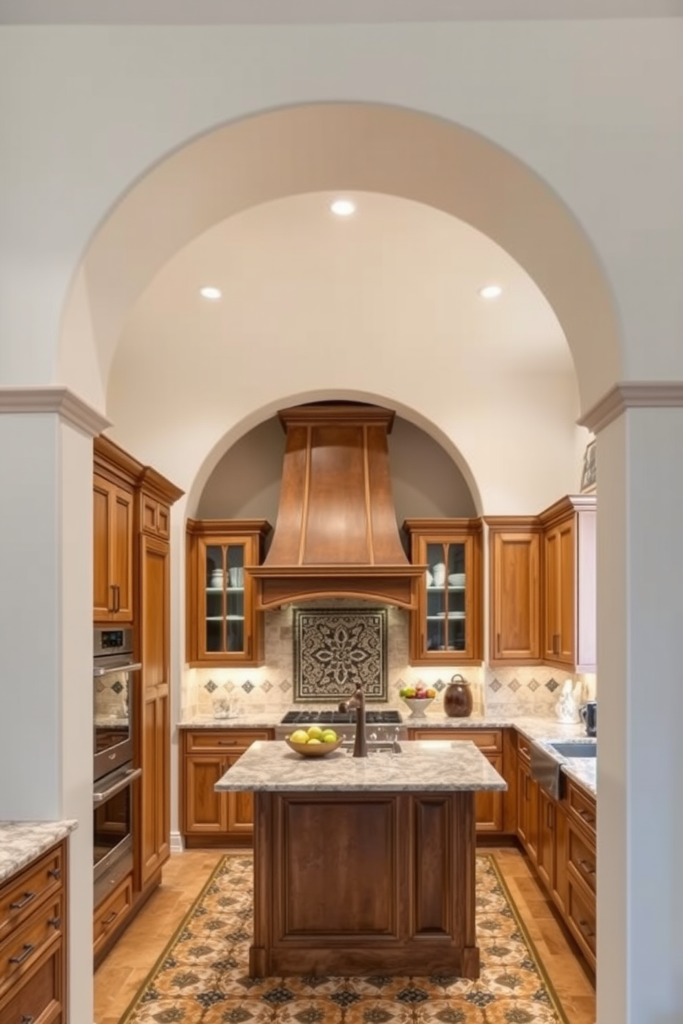 A wide archway opens up to a spacious kitchen, creating a seamless flow between the cooking and dining areas. The arch is adorned with elegant crown molding, enhancing the overall aesthetic of the room. Natural light floods the kitchen through large windows on either side of the arch, illuminating the sleek cabinetry and modern appliances. A large island sits at the center, surrounded by comfortable seating, making it the perfect gathering spot for family and friends.