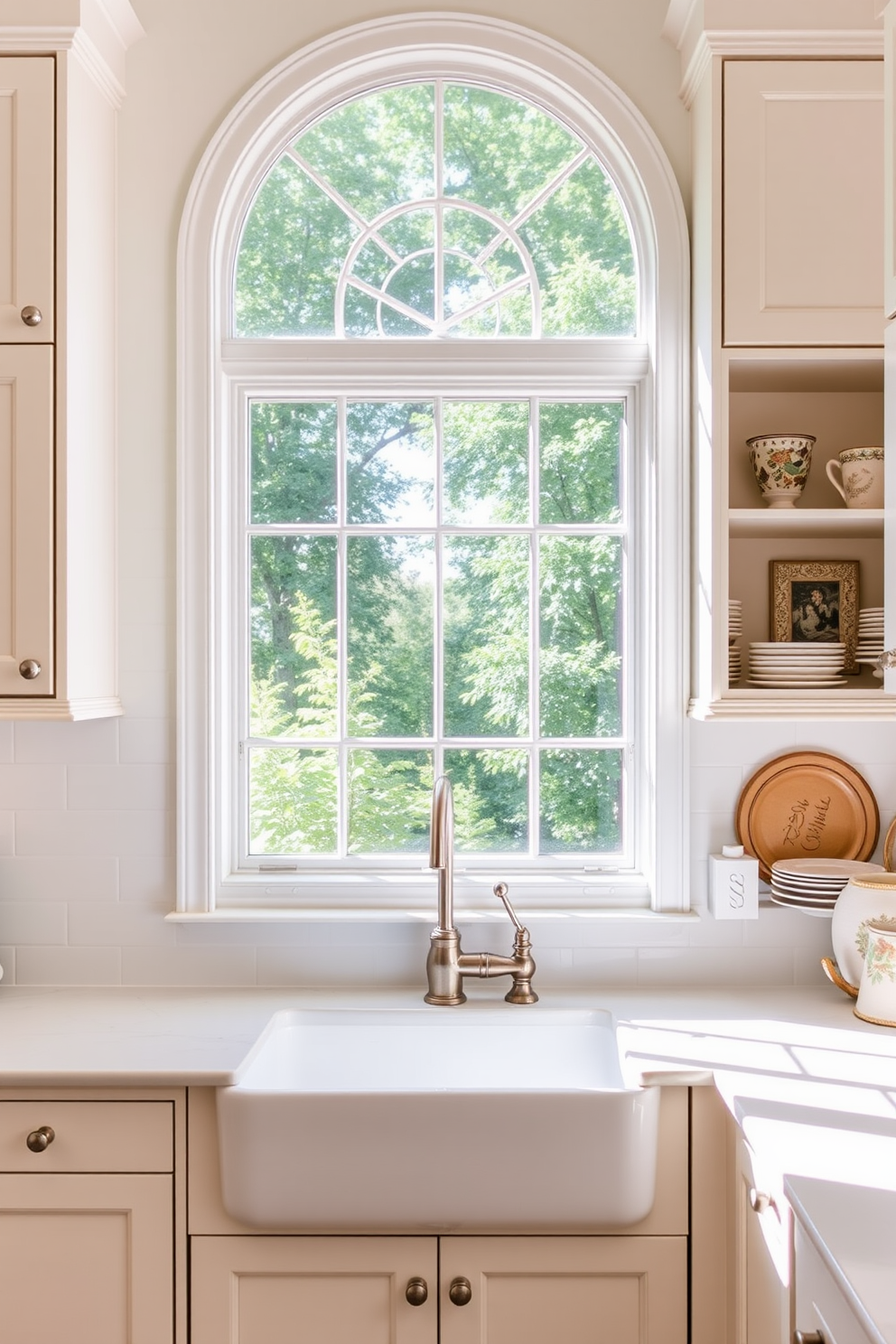 A bright and airy kitchen features an arched window above the sink, allowing natural light to flood the space. The window is framed with elegant white trim, complementing the soft cream cabinetry and the sleek quartz countertops. Beneath the window, a farmhouse sink is situated, surrounded by lush greenery visible through the glass. The kitchen is adorned with open shelving, showcasing beautiful dishware and decorative accents that enhance the inviting atmosphere.