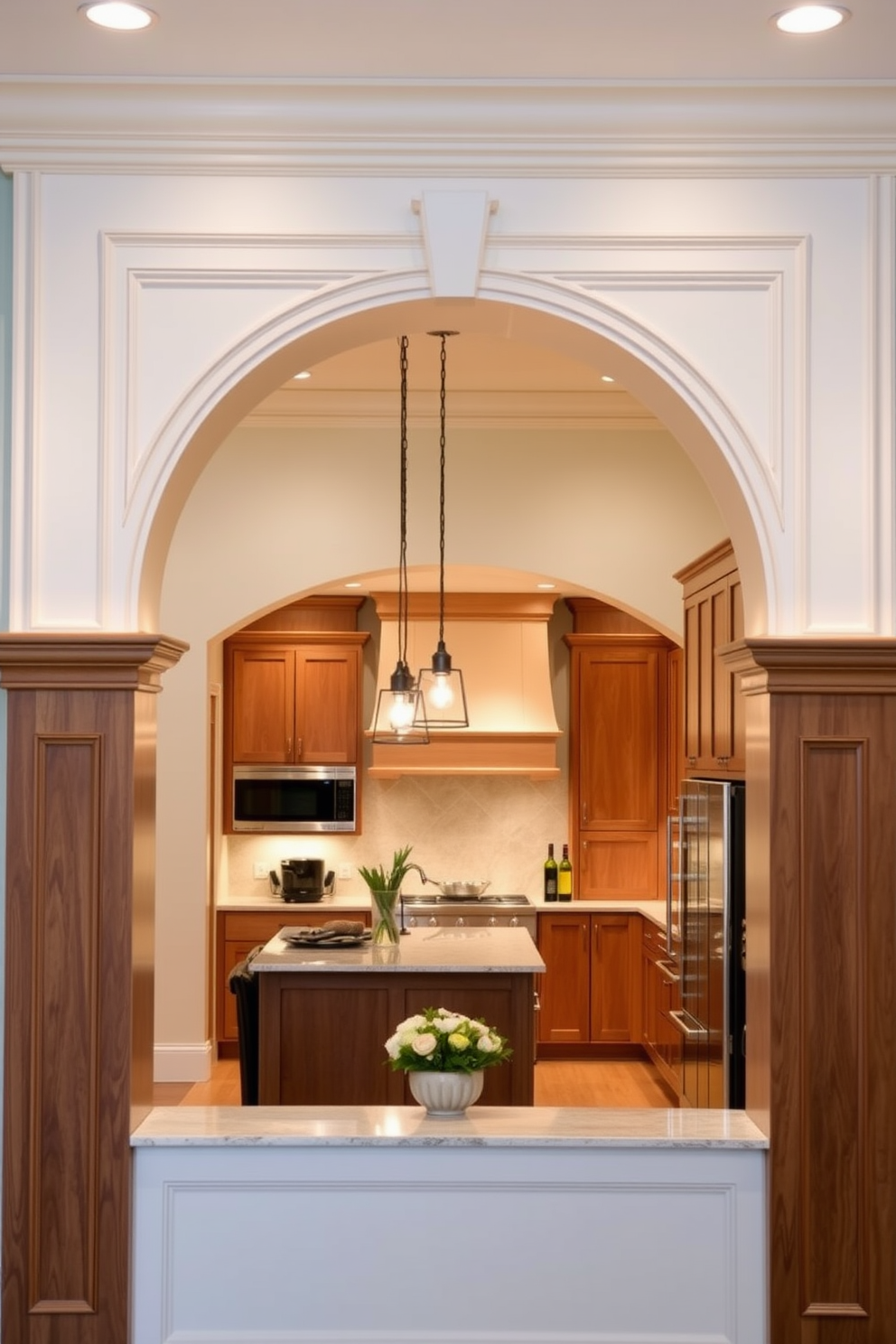 A stunning kitchen features a framed archway that elegantly transitions from the dining area to the cooking space. Hanging pendant lights illuminate the arch, casting a warm glow over the kitchen's sleek countertops and modern appliances. The archway is adorned with decorative molding that adds a touch of sophistication to the overall design. The kitchen layout is open and inviting, with a blend of natural wood and contemporary finishes creating a harmonious atmosphere.