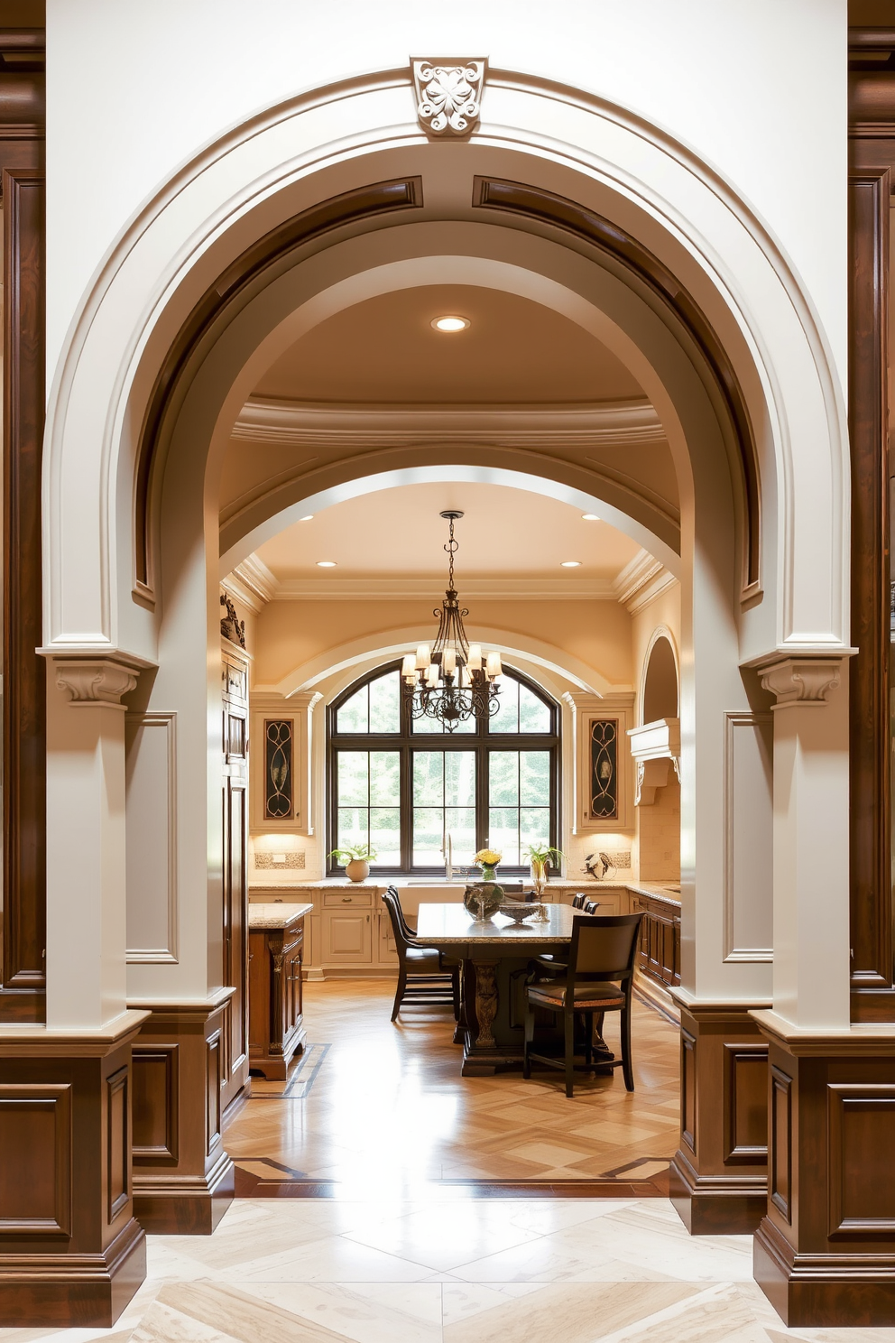 A rustic wooden arch with exposed beams creates a warm and inviting atmosphere in the kitchen. The arch frames a spacious entryway, leading into a cozy cooking area filled with natural light. The wooden beams highlight the craftsmanship of the design, adding character and charm. Surrounding the arch, open shelving displays beautiful dishware and rustic decor, enhancing the overall aesthetic.