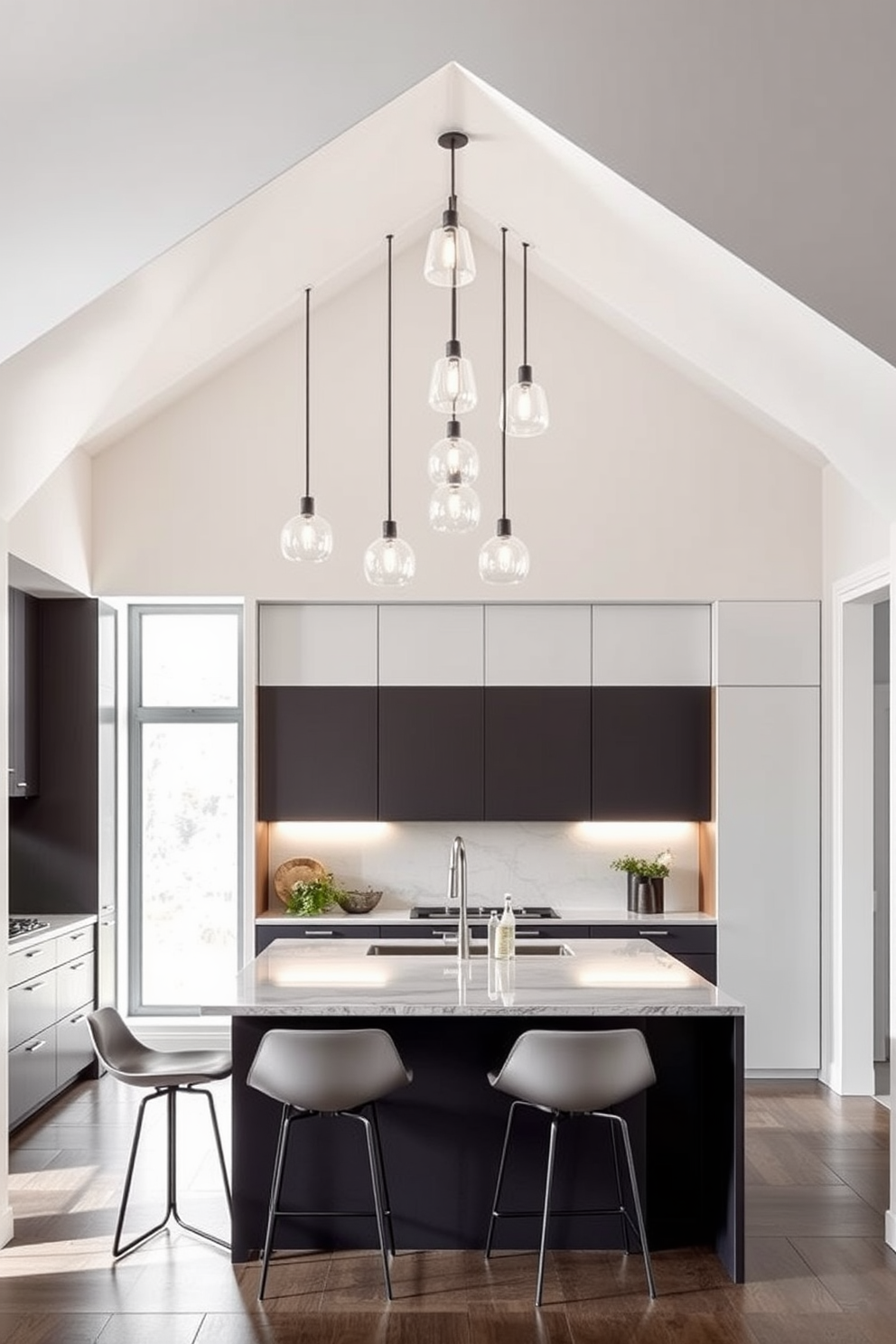 A sleek kitchen featuring a geometric arch design that adds a modern touch. The arch is framed with minimalist cabinetry and highlighted by pendant lighting that cascades down, creating an inviting atmosphere. The kitchen island sits beneath the arch, topped with a polished quartz surface that complements the overall aesthetic. Surrounding the island are stylish bar stools, enhancing both functionality and design appeal.