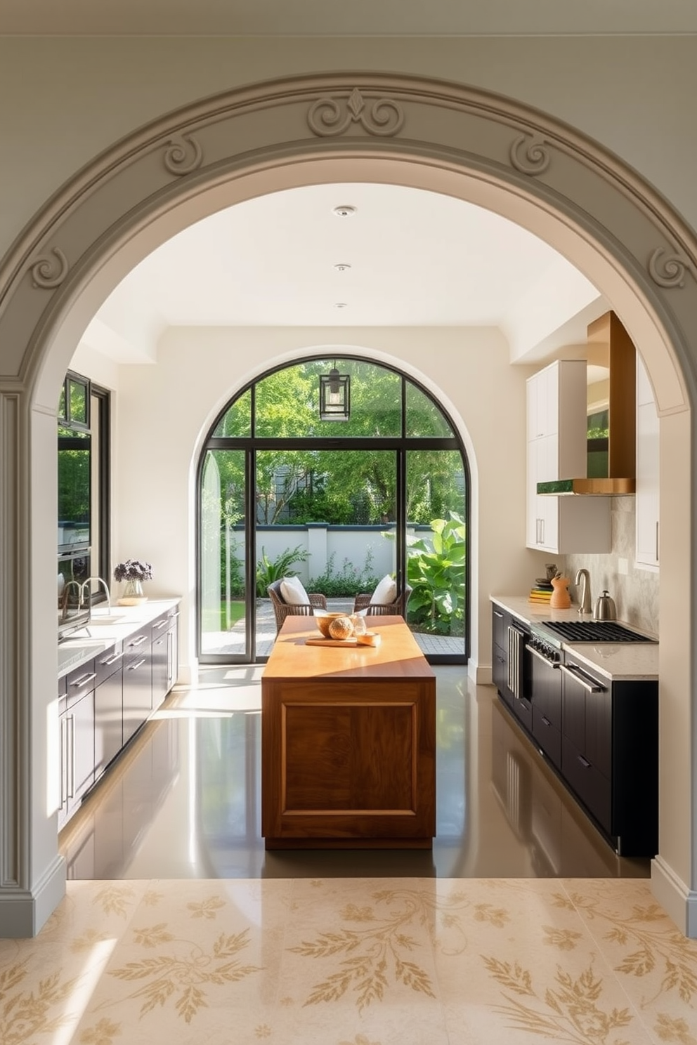 A spacious kitchen featuring dual arches that elegantly frame a central island. The arches are crafted from light wood, complementing the island's sleek marble surface and modern bar stools. The walls are painted in a soft white, creating an airy atmosphere, while pendant lights hang gracefully from the ceiling above the island. A stylish backsplash made of glossy subway tiles adds a touch of sophistication to the overall design.