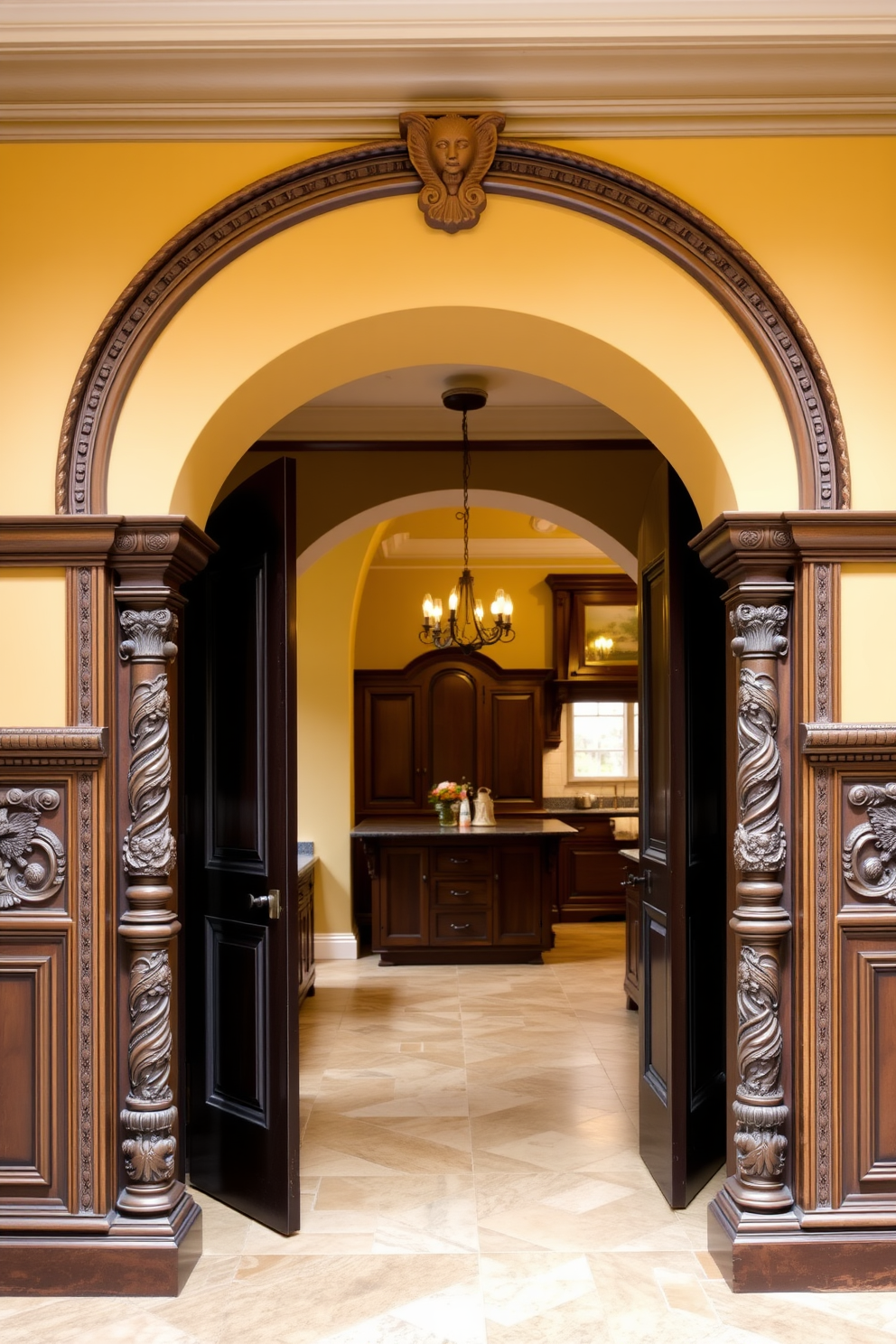 A vintage-inspired arch with intricate details frames the entrance to the kitchen, showcasing ornate carvings and a warm, inviting color palette. The archway is adorned with decorative molding, seamlessly blending classic elegance with modern functionality.