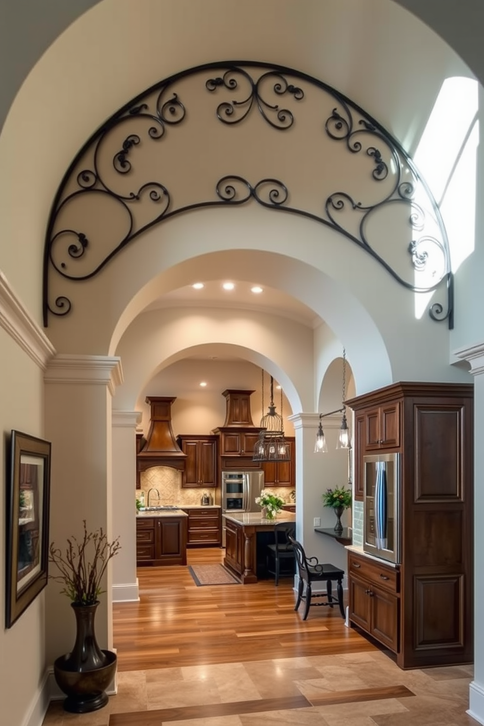 A grand arched entryway features intricate decorative ironwork that adds elegance and charm to the space. The arch is complemented by soft lighting that highlights the craftsmanship of the iron details. The kitchen showcases a seamless transition with arched designs that enhance the openness of the layout. Rich wooden cabinetry paired with modern appliances creates a harmonious blend of traditional and contemporary styles.