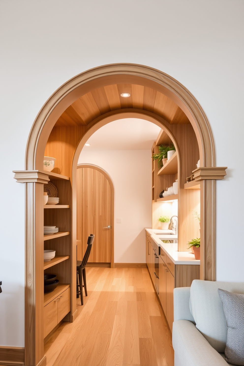 A stunning arched wall features a built-in herb garden, showcasing a variety of fresh herbs in elegant planters. The kitchen area is bathed in natural light, enhancing the vibrant greens and creating a warm, inviting atmosphere. The arch design incorporates sleek lines and modern materials, seamlessly blending functionality with aesthetic appeal. Surrounding the herb garden, the kitchen boasts high-end appliances and minimalist cabinetry that complement the overall design.