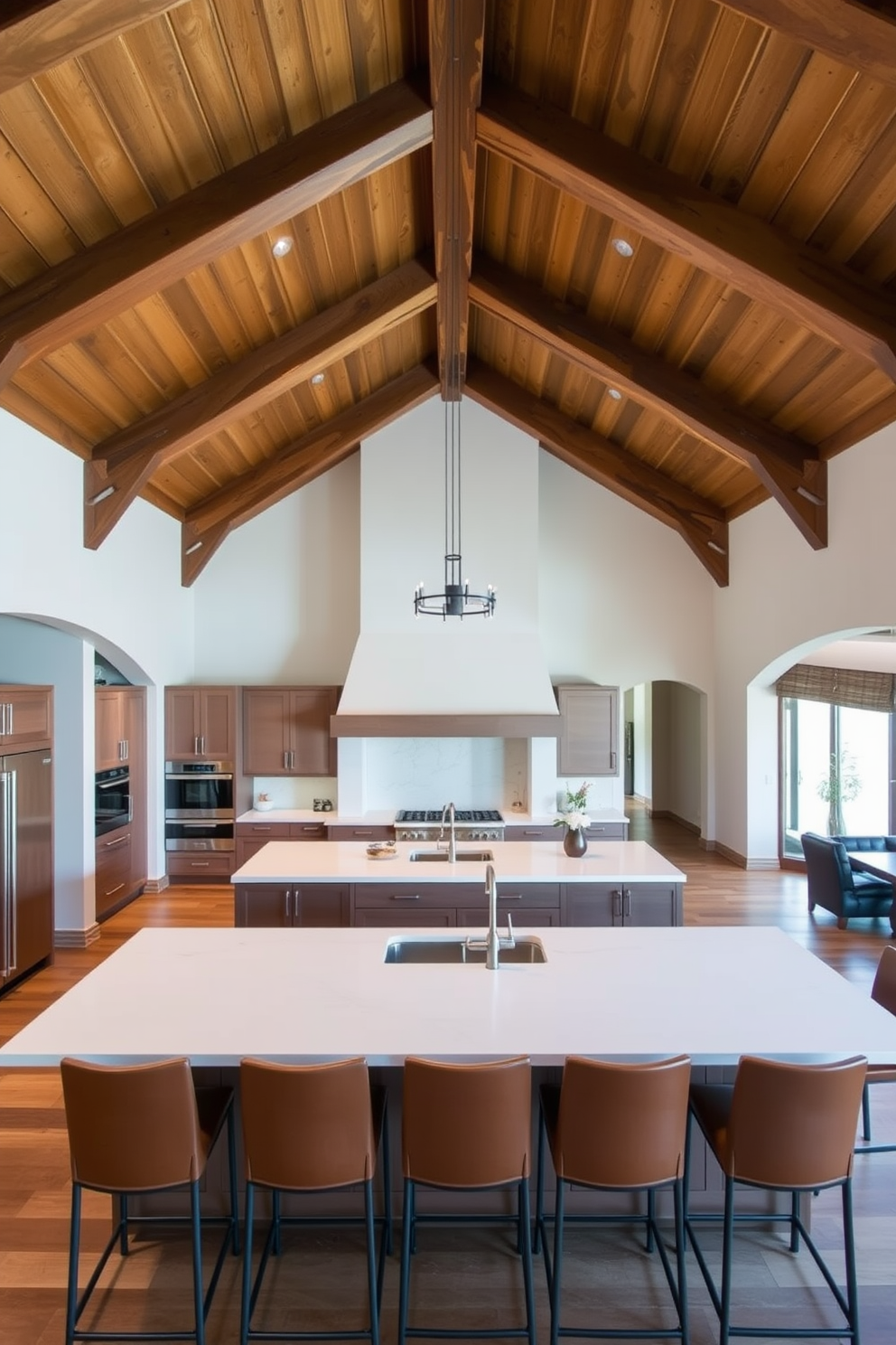 A stunning kitchen with an arched ceiling that creates a sense of grandeur. The space features an elegant island with bar stools, surrounded by custom cabinetry and high-end appliances. Natural light floods the room through large windows that accentuate the arch's curves. The color palette includes warm tones and rich textures, enhancing the inviting atmosphere of the kitchen.