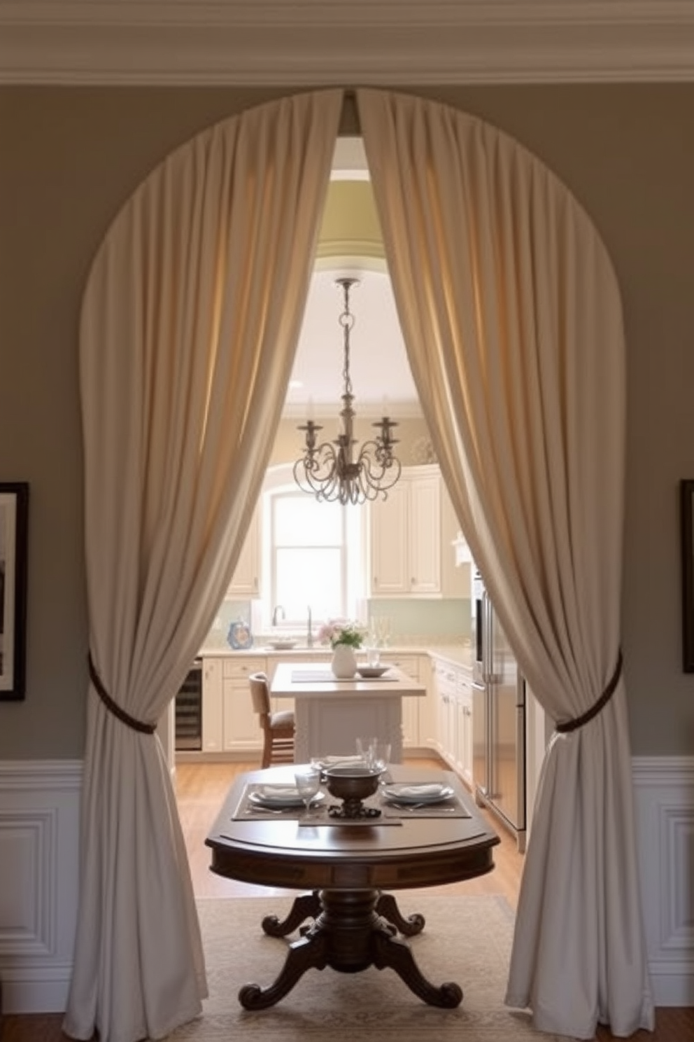 An elegant archway is adorned with soft, flowing fabric drapes that gently frame the entrance to the kitchen. The drapes are in a light, neutral color, creating a warm and inviting atmosphere that complements the overall kitchen design. Beneath the arch, a beautifully crafted wooden table is set with tasteful tableware, enhancing the sophisticated ambiance. The kitchen space features modern appliances and stylish cabinetry, harmonizing with the elegance of the arch design.