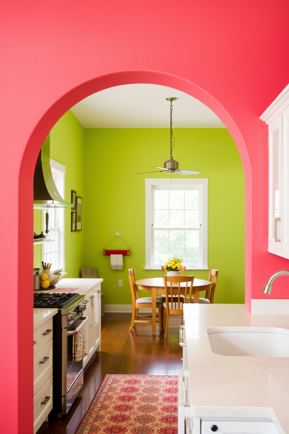 A stunning arched entryway features bold color accents that create a striking first impression. The walls are painted in a vibrant teal, complemented by a rich mahogany door with intricate carvings. Inside the kitchen, the arch design seamlessly blends functionality with style. Bright yellow cabinets contrast beautifully with the deep blue backsplash, while elegant pendant lights hang gracefully above the island.