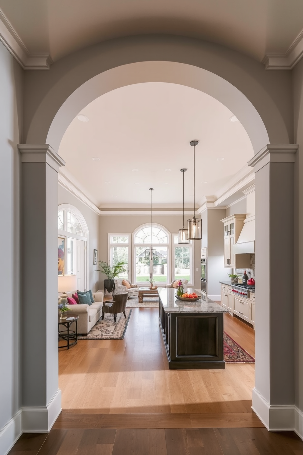 Open archway leading to a spacious living area filled with natural light. The archway features elegant molding and transitions seamlessly into the living space adorned with plush furniture and vibrant decor. The kitchen boasts a modern design with sleek cabinetry and a large island for entertaining. Natural stone countertops and stylish pendant lights enhance the inviting atmosphere, creating a perfect blend of functionality and aesthetic appeal.