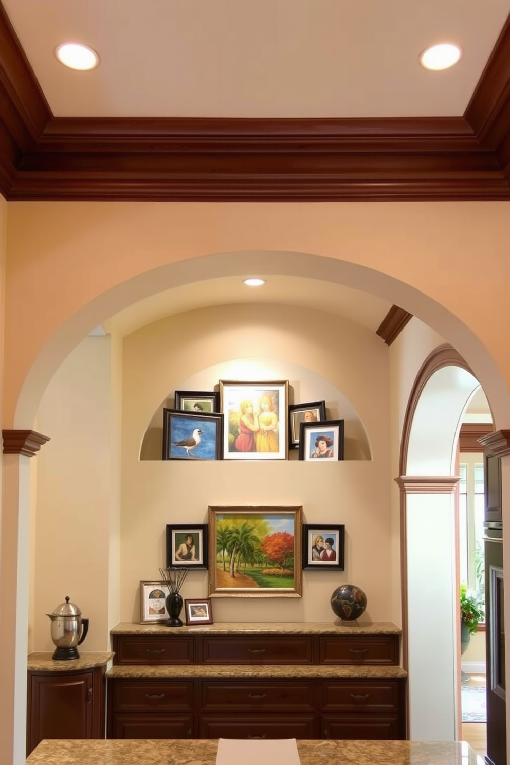 A stunning arched alcove is designed to showcase a collection of art pieces. The walls are painted in a soft cream color, creating a warm backdrop for the vibrant artworks. The kitchen features elegant arch designs that blend functionality with aesthetics. Each arch is adorned with decorative molding, adding a touch of sophistication to the overall space.