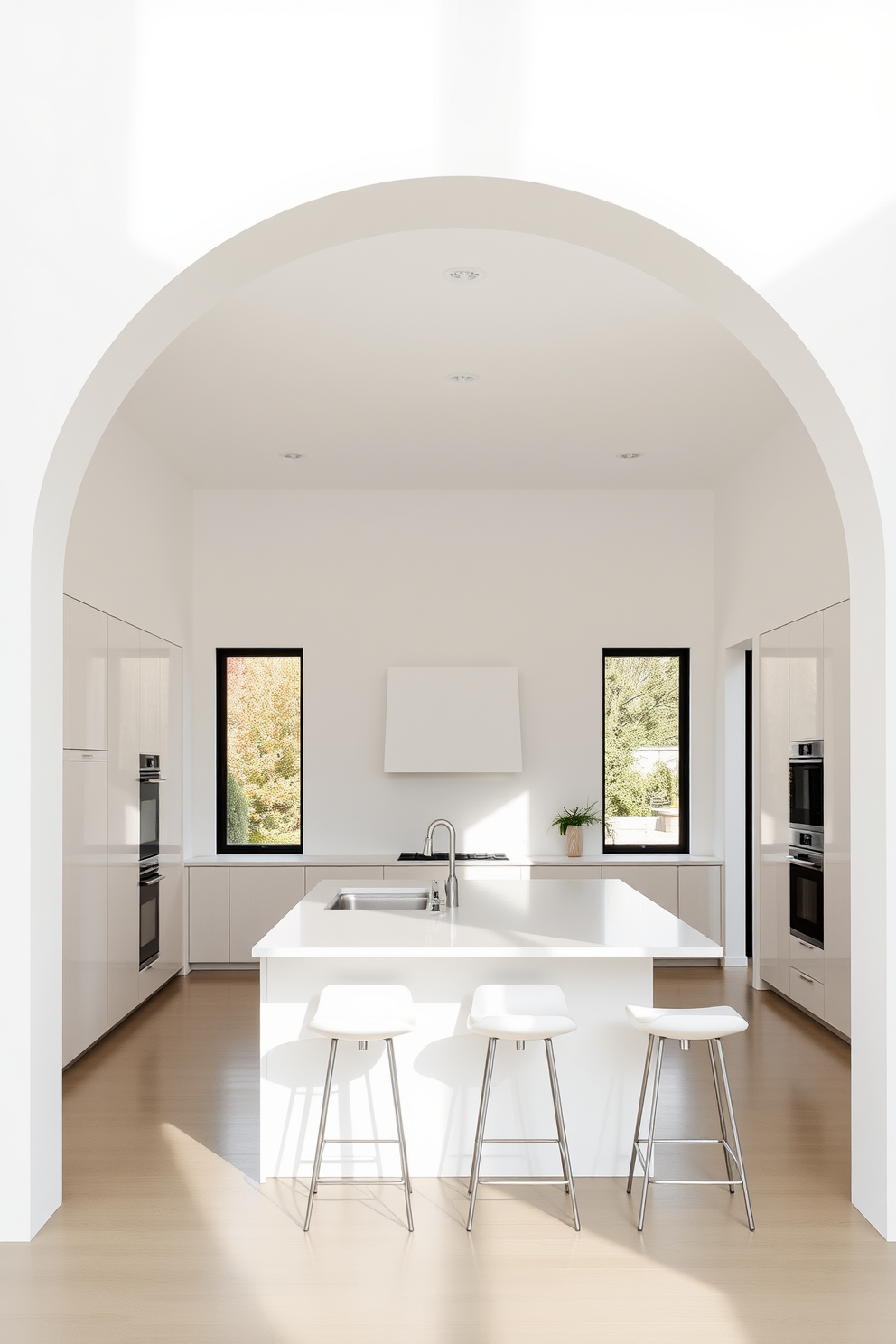 A stunning kitchen arch featuring intricate stained glass that adds vibrant colors and artistic flair. The arch frames a cozy dining area, enhancing the overall ambiance with a play of light and color. The stained glass design incorporates floral motifs and geometric patterns, creating a beautiful focal point. Below the arch, a rustic wooden table is set with elegant dinnerware, inviting family gatherings and culinary creativity.