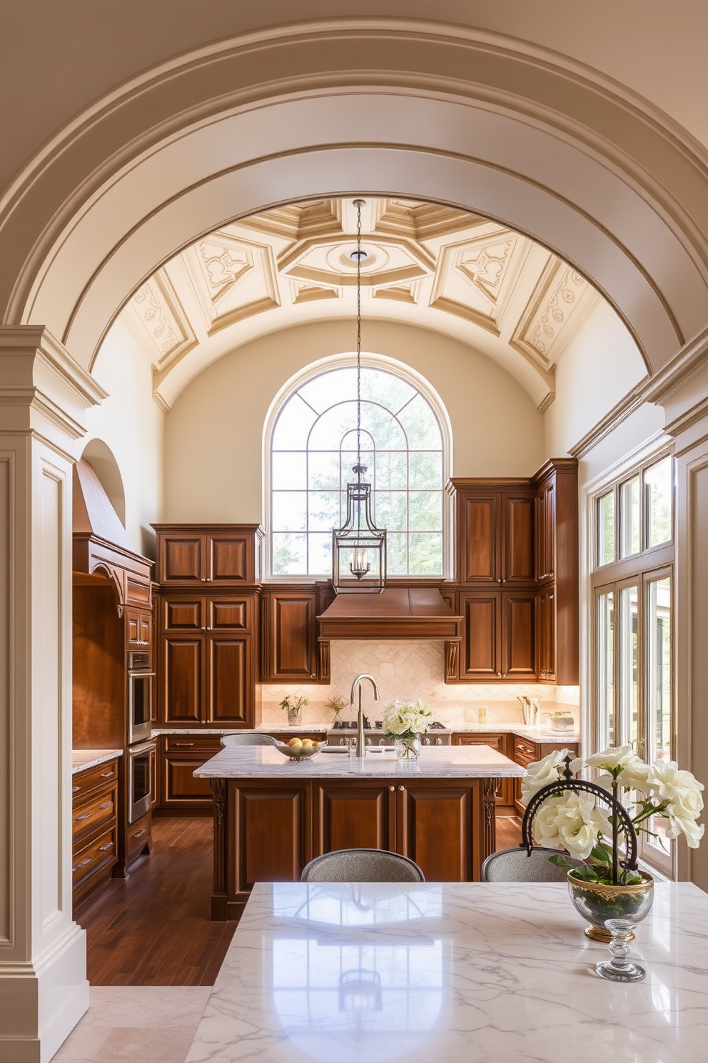 A classic Roman arch gracefully frames a spacious kitchen island, enhancing the elegance of the space. The arch is adorned with intricate detailing, complementing the rich wood cabinetry and marble countertops below. Natural light pours in through large windows, illuminating the warm tones of the kitchen. Stylish pendant lights hang from the arch, adding a modern touch to the timeless design.