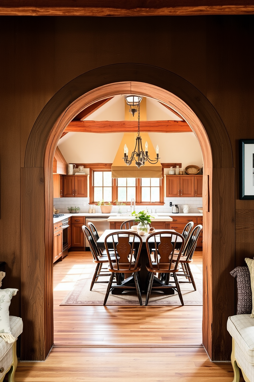 Arched doorway leading to a dining area with elegant lighting fixtures hanging above a long wooden table. The table is surrounded by plush upholstered chairs, and large windows allow natural light to flood the space. The kitchen features a modern arch design with sleek cabinetry and a spacious island at the center. High-end appliances are integrated seamlessly, and a stylish backsplash adds a pop of color to the overall aesthetic.