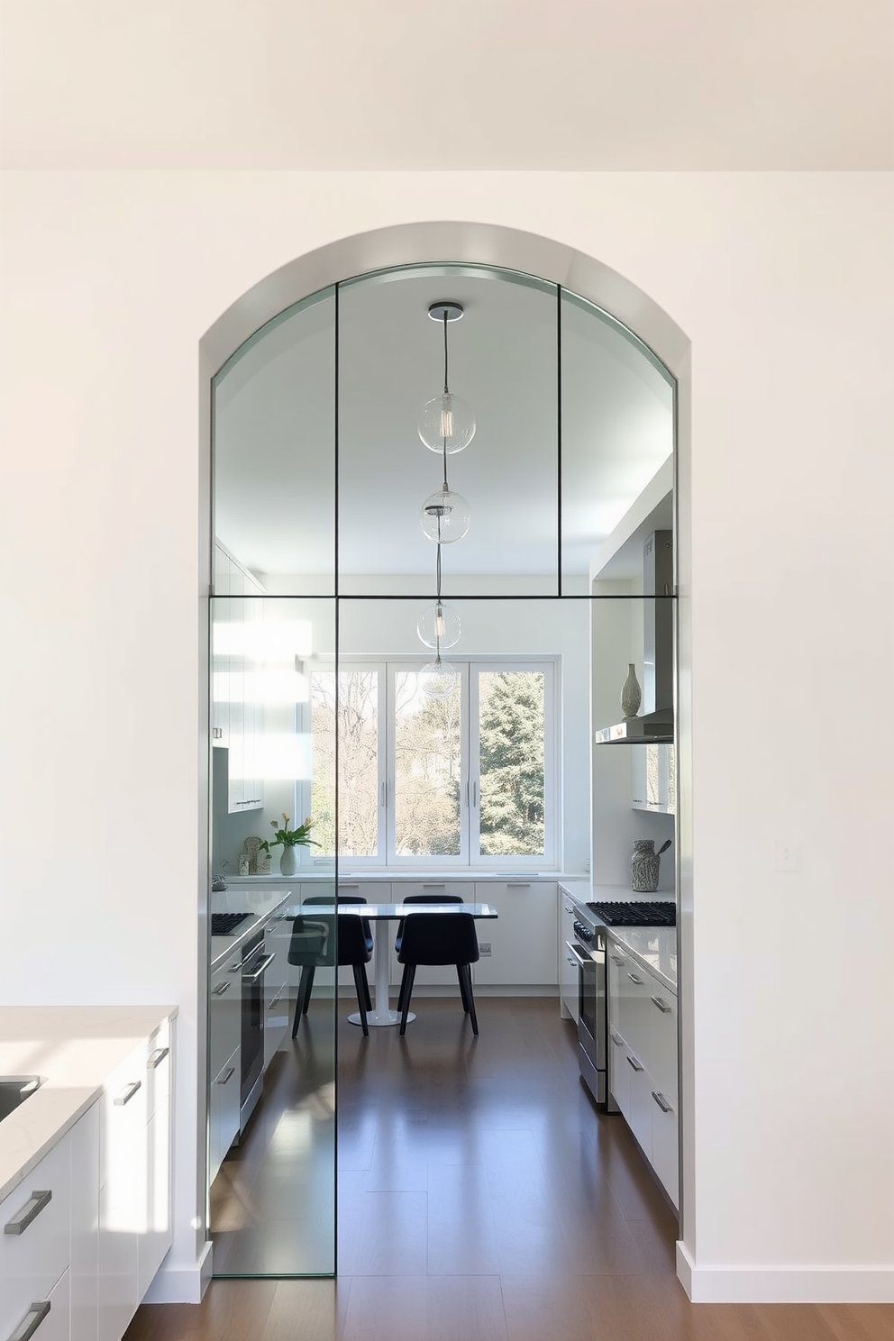 A contemporary kitchen features an elegant archway constructed with sleek glass panels that seamlessly connect the cooking area to the dining space. The arch is framed by minimalist cabinetry in a soft white finish, enhancing the airy and open feel of the room. Natural light floods the kitchen through the glass, highlighting the polished marble countertops and modern stainless steel appliances. Stylish pendant lights hang from the ceiling, providing both illumination and a touch of sophistication to the overall design.