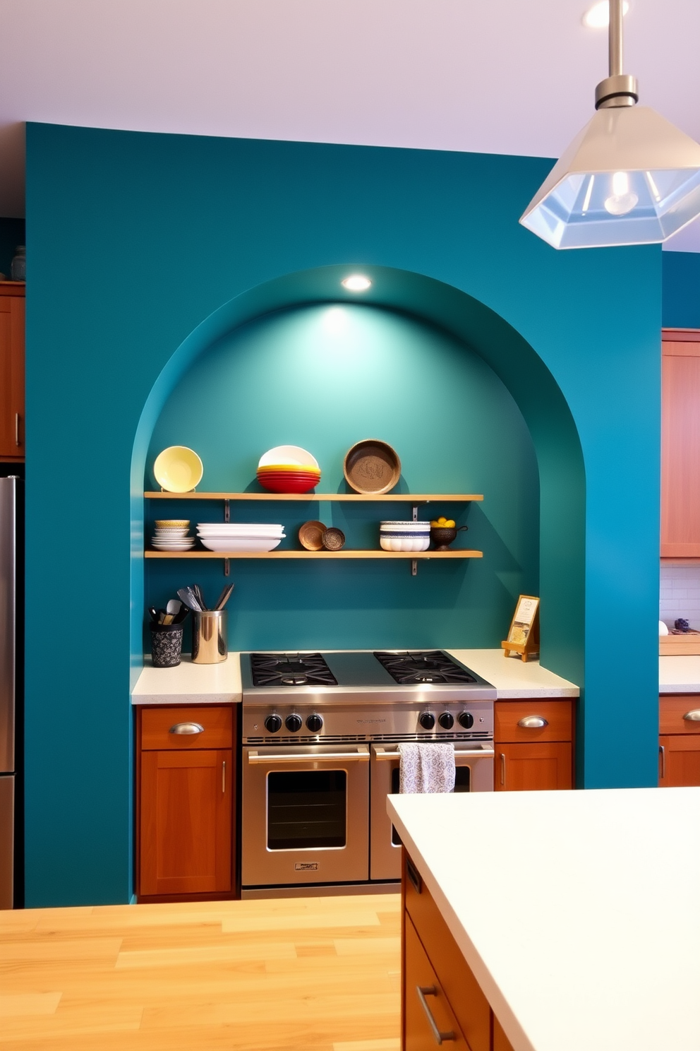 A bold colored arch serves as a striking focal point in the kitchen, drawing attention and adding vibrancy to the space. The arch is painted in a rich teal hue, complementing the warm wood tones of the cabinetry and the sleek stainless steel appliances. Surrounding the arch, open shelving displays an array of colorful dishware and decorative items, enhancing the lively atmosphere. Soft, ambient lighting highlights the arch, creating a welcoming and stylish environment for cooking and entertaining.