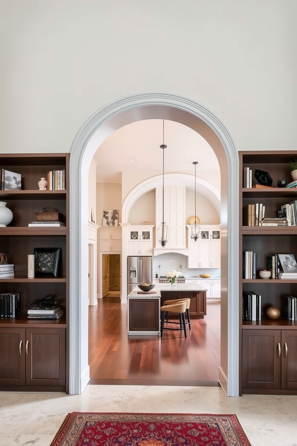 A soft archway leads into a kitchen adorned with pastel colors and delicate textures. The walls are painted in a light blush pink, complemented by creamy white cabinetry and soft mint green accents. The arch features a subtle curvature, enhancing the open feel of the space while showcasing decorative tiles with intricate patterns. Natural light floods in through a large window, highlighting the warmth of the wooden countertops and the elegance of the pastel color palette.