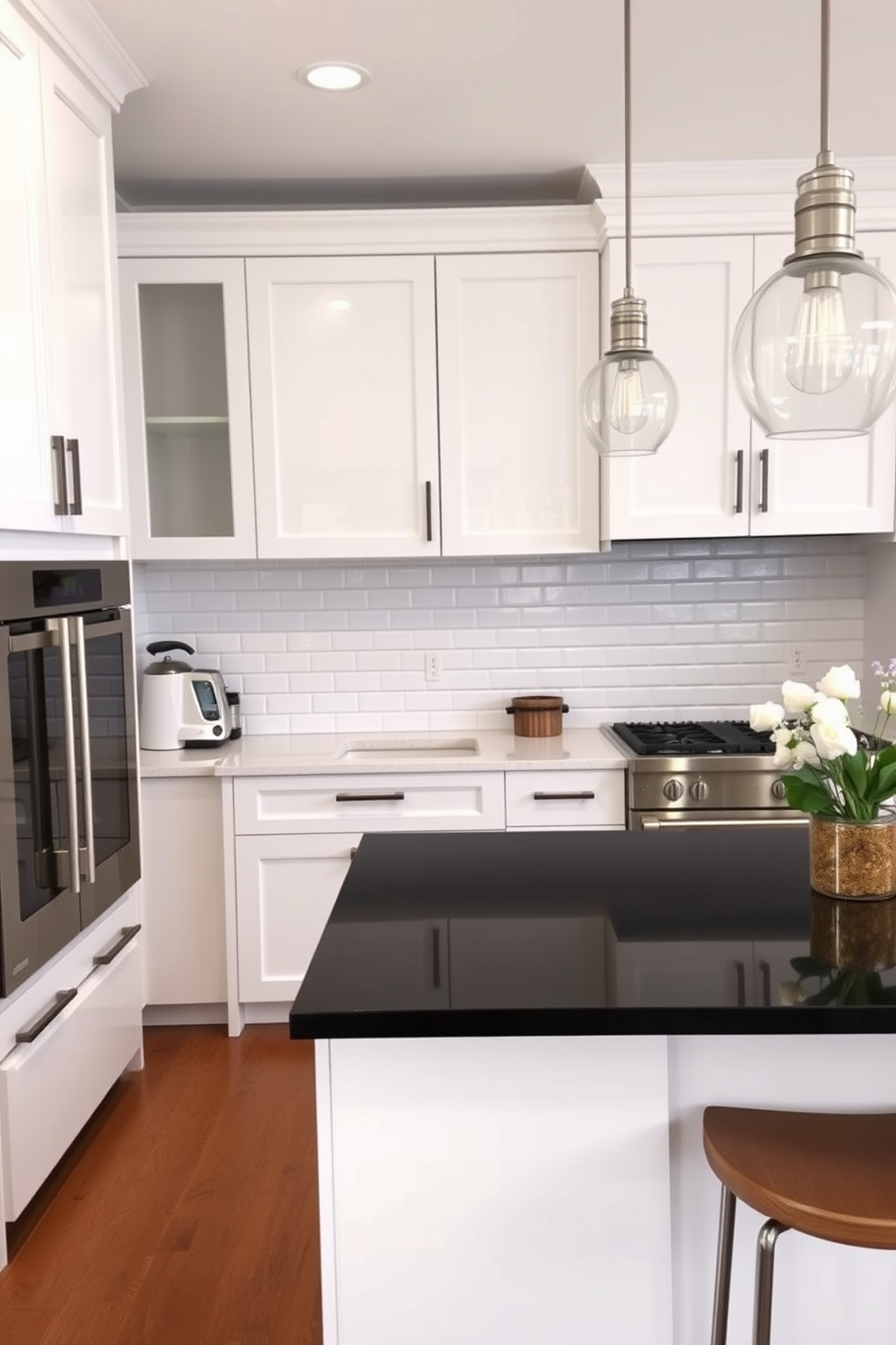 A stylish kitchen featuring a backsplash made of classic white subway tiles. The tiles are arranged in a herringbone pattern, creating a modern yet timeless look. Above the countertop, sleek open shelving showcases elegant dishware and a few potted herbs. The cabinetry is painted in a soft gray, complementing the bright white of the tiles beautifully.