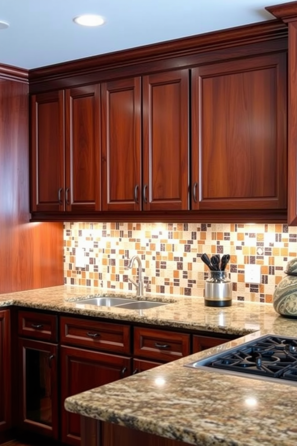 A cozy kitchen featuring rich wood paneling that adds warmth and texture to the space. The backsplash showcases a stunning mosaic of colorful tiles that complement the cabinetry and create visual interest. The countertops are made of polished granite, providing a sleek contrast to the wood elements. Under-cabinet lighting highlights the backsplash design, creating an inviting atmosphere for cooking and entertaining.