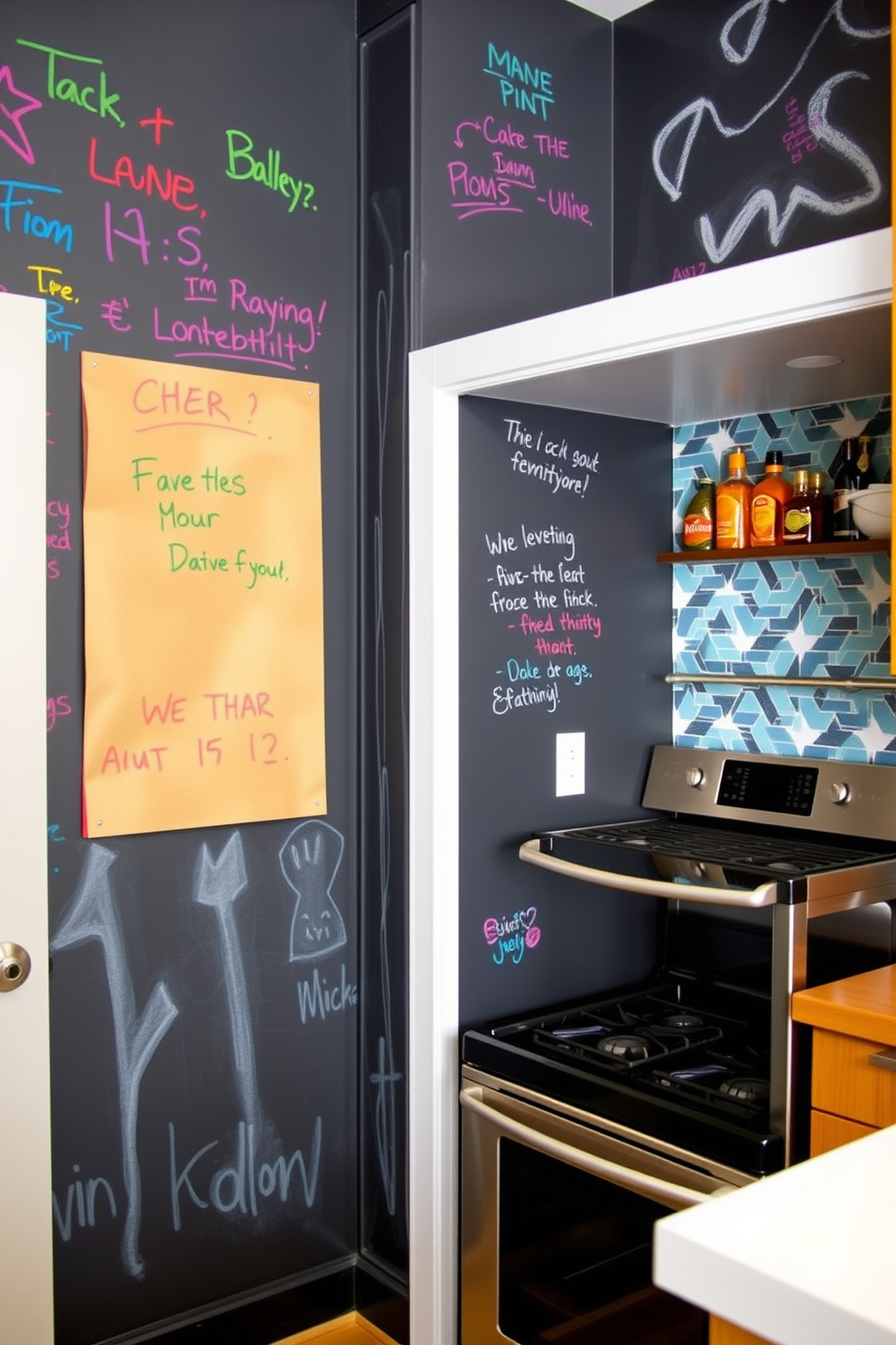 A vibrant creative space with walls coated in chalkboard paint invites inspiration and collaboration. The room features colorful chalk drawings and notes, creating an engaging atmosphere for brainstorming and artistic expression. A stylish kitchen with a stunning backsplash design that incorporates geometric tiles in varying shades of blue and white. The backsplash complements sleek stainless steel appliances and a warm wooden cabinetry, enhancing the overall aesthetic of the kitchen.