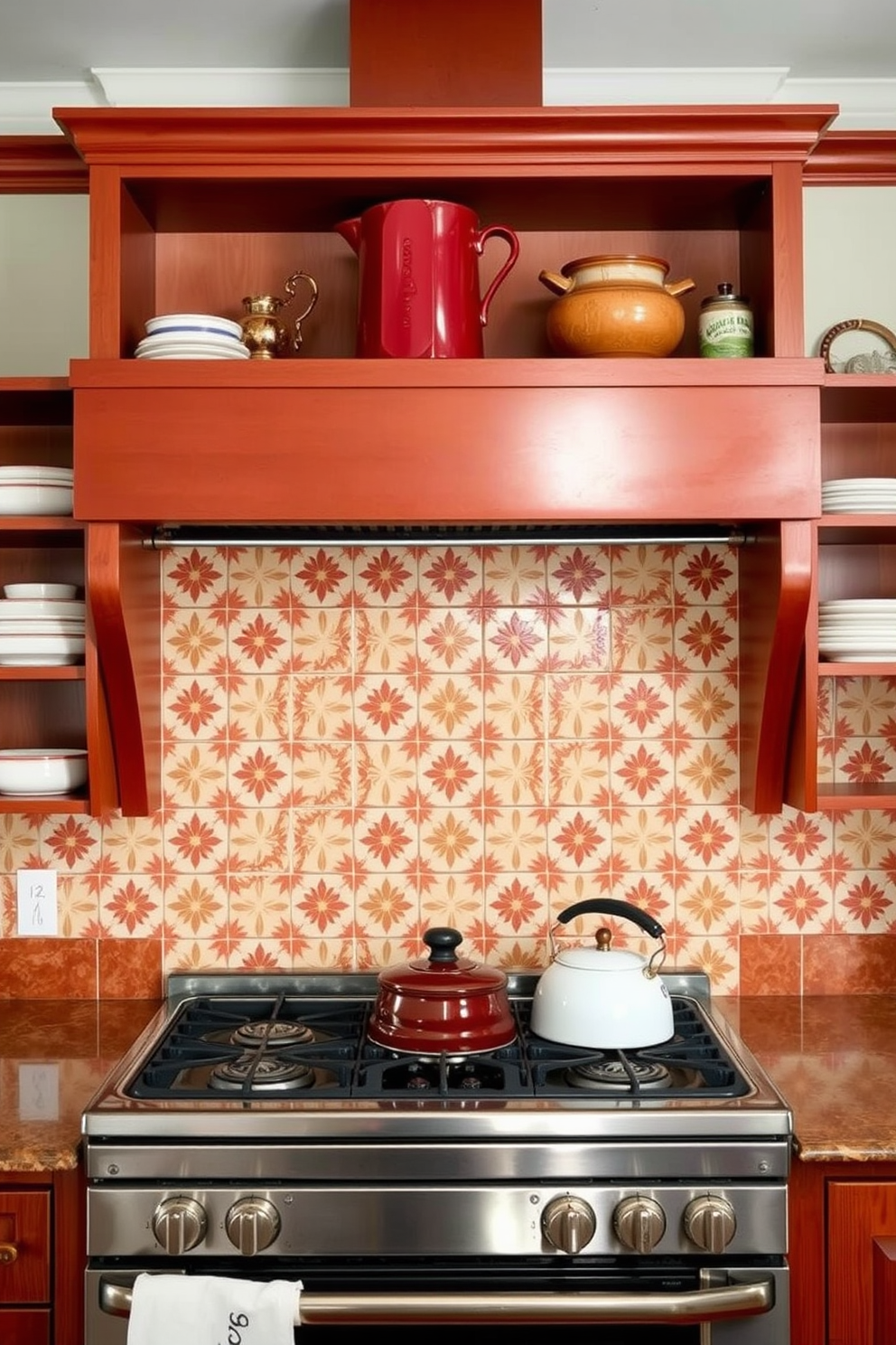 A charming kitchen backsplash featuring vintage tin tiles that evoke a retro vibe. The tiles are arranged in a classic pattern, reflecting a warm color palette of muted reds and soft creams. Above the stove, the backsplash creates a focal point with intricate designs that add character to the space. Complementing the tiles, wooden open shelves display vintage kitchenware, enhancing the nostalgic atmosphere.