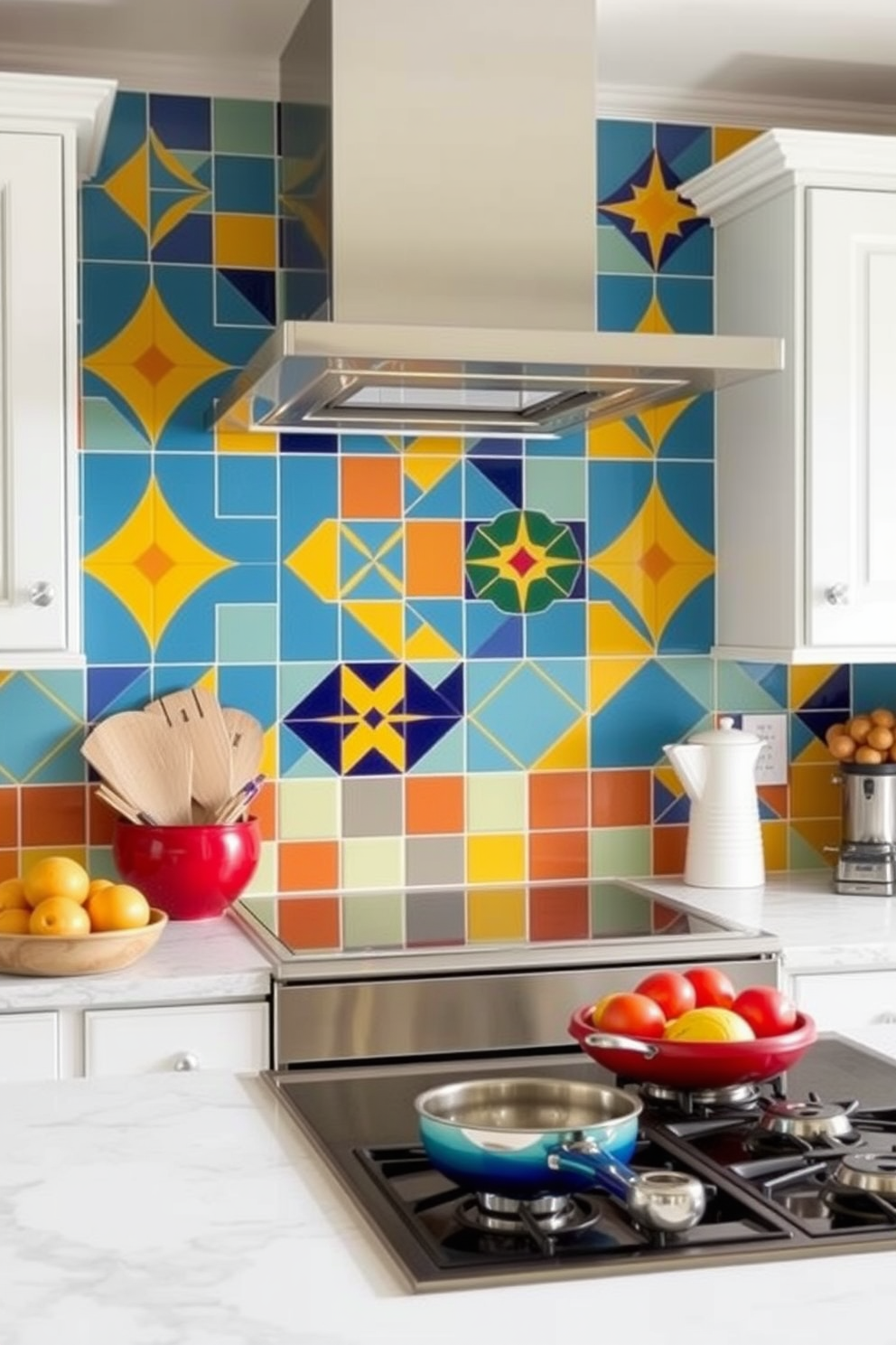 Brightly colored ceramic tiles create a vibrant and playful atmosphere in the kitchen. The backsplash features an array of geometric patterns in shades of blue, yellow, and red, adding a cheerful touch to the cooking space.