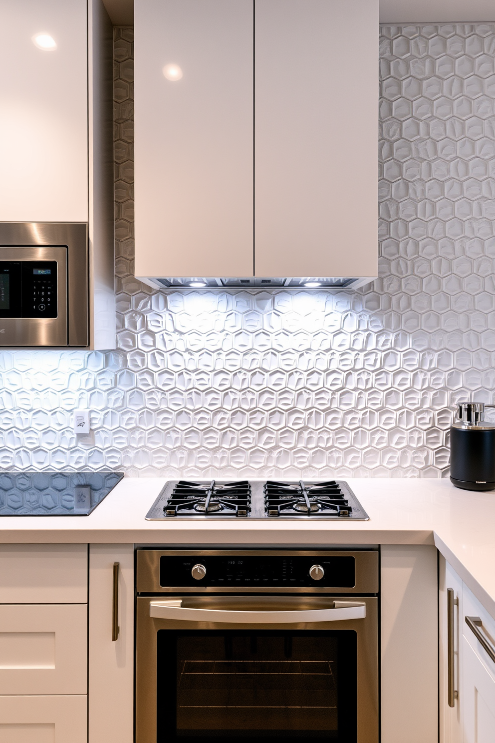 A modern kitchen featuring a backsplash adorned with textured 3D tiles that create a stunning visual impact. The tiles are arranged in a geometric pattern, enhancing the overall depth and dimension of the space. The color palette includes soft whites and grays, complementing the sleek cabinetry and stainless steel appliances. Under-cabinet lighting highlights the unique textures of the tiles, adding warmth and sophistication to the kitchen design.