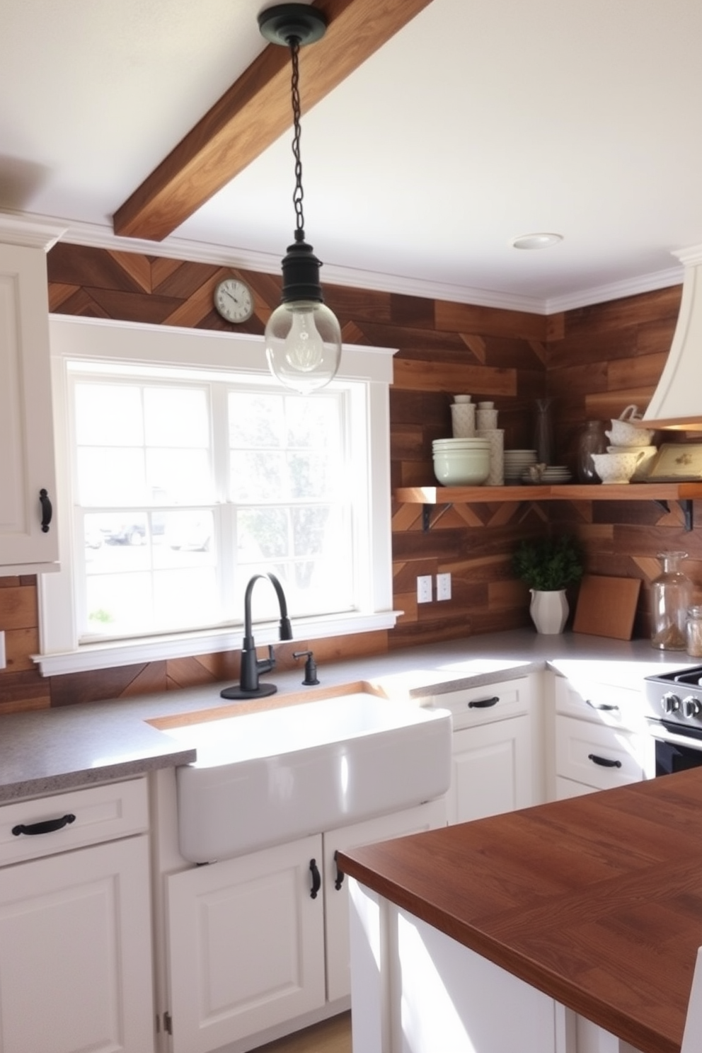 A charming farmhouse kitchen featuring a reclaimed wood backsplash that adds warmth and character to the space. The wood is arranged in a herringbone pattern, complemented by white cabinetry and rustic metal hardware. Natural light floods the kitchen through a large window above the farmhouse sink, highlighting the rich tones of the wood. A vintage-style pendant light hangs above the island, creating a cozy atmosphere perfect for family gatherings.