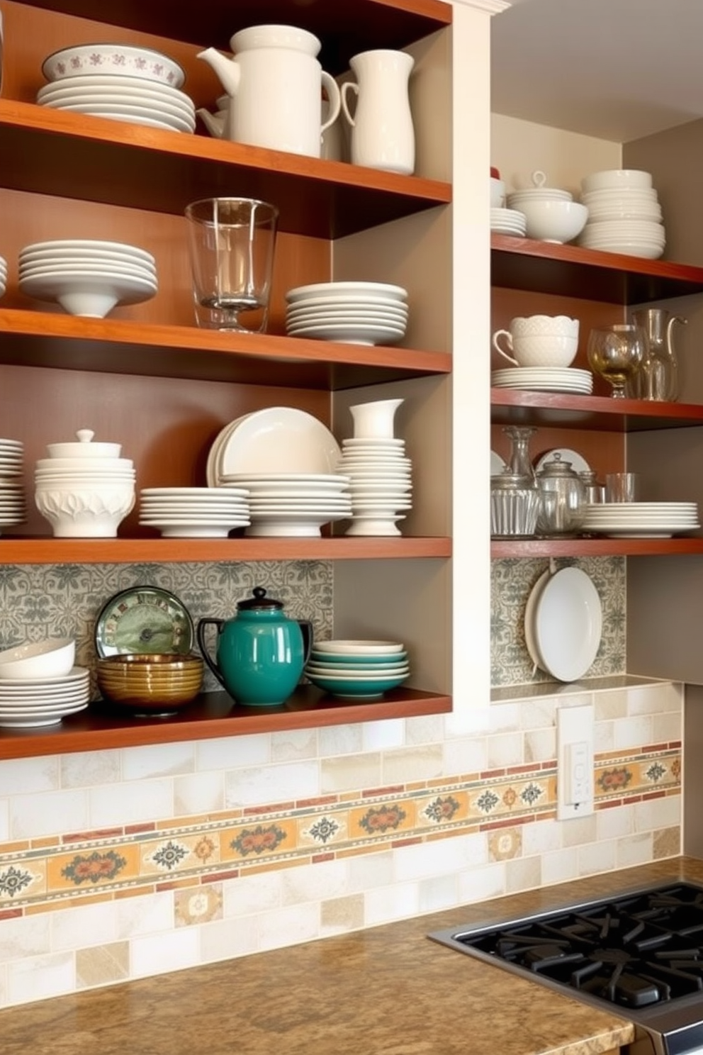 Open shelving with decorative backsplashes creates a modern and functional kitchen space. The shelves are filled with an array of stylish dishes and glassware, complemented by a vibrant tile backsplash that adds a pop of color. The backsplash features intricate patterns that draw the eye and enhance the overall aesthetic. A combination of textures and materials, such as ceramic tiles and natural stone, creates visual interest and depth in the kitchen design.