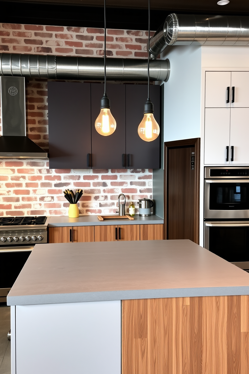 A stylish kitchen featuring a brick backsplash that adds an industrial charm. The cabinetry is sleek and modern, complemented by stainless steel appliances and warm wooden accents. The countertop is a polished concrete surface that enhances the industrial vibe. Pendant lights with an Edison bulb design hang above the island, creating a cozy atmosphere.