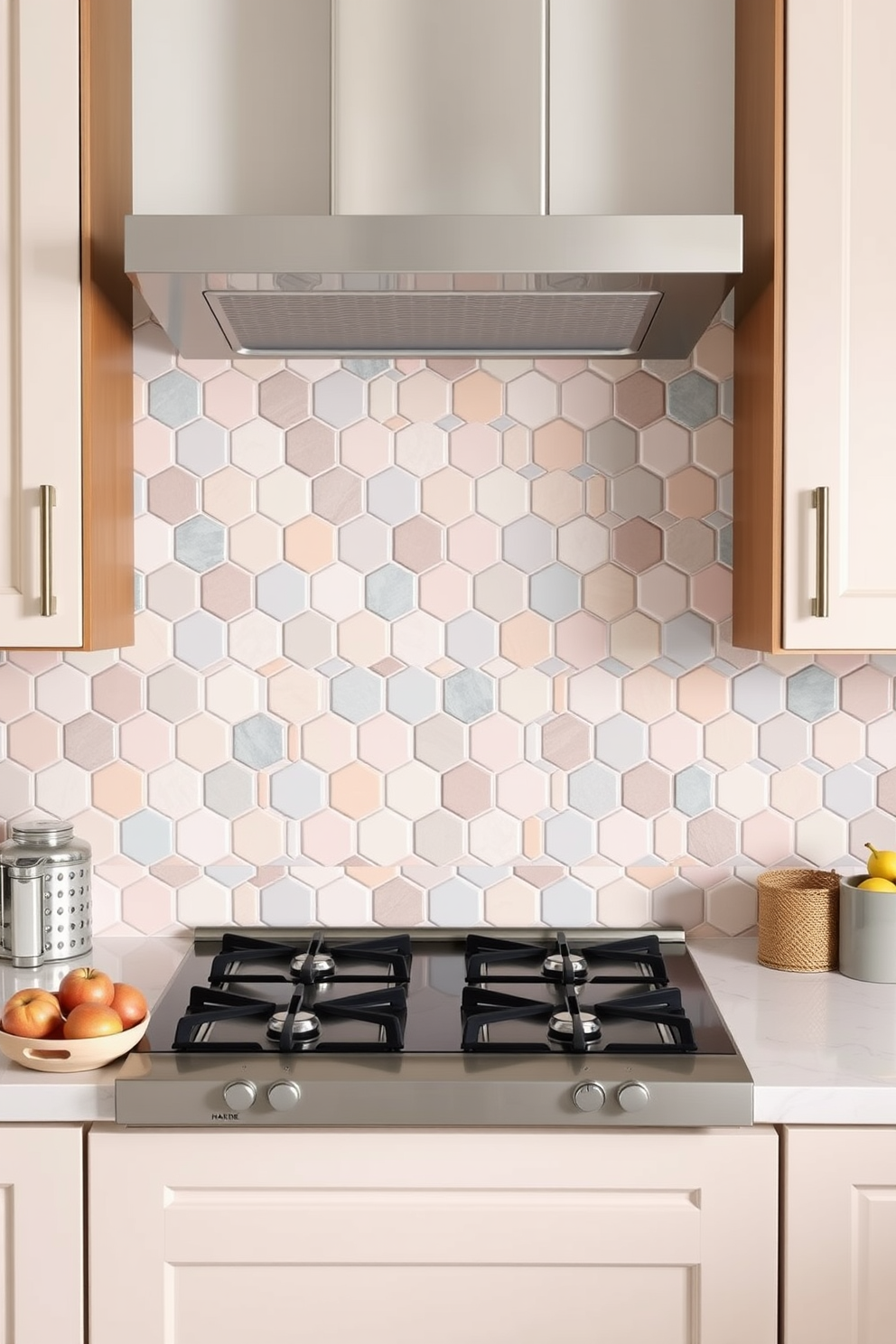 A modern kitchen backsplash featuring hexagonal patterned tiles in soft pastel shades. The tiles create a harmonious blend of colors, adding a fresh and inviting touch to the kitchen space.