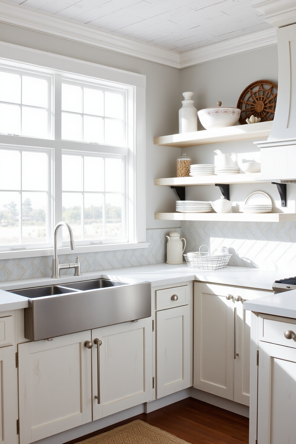 A coastal-themed kitchen with whitewashed wood accents. The backsplash features a combination of light blue and white tiles arranged in a herringbone pattern. Natural light floods the space through large windows, highlighting the airy feel. Open shelving displays rustic dishware and coastal decor, enhancing the beachy ambiance.