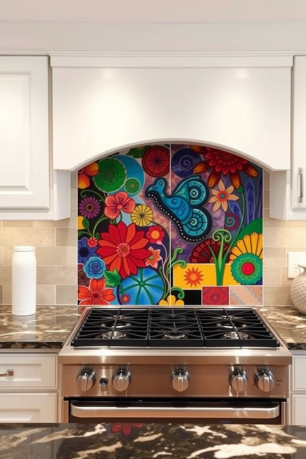 Create a vibrant kitchen backsplash featuring custom mural tiles that reflect personal style and creativity. The design should incorporate a mix of colors and patterns that harmonize with the overall kitchen aesthetic while adding a unique focal point. Include elements such as hand-painted scenes or abstract designs that evoke a sense of warmth and character. Ensure the mural tiles are complemented by sleek countertops and modern appliances for a cohesive look.