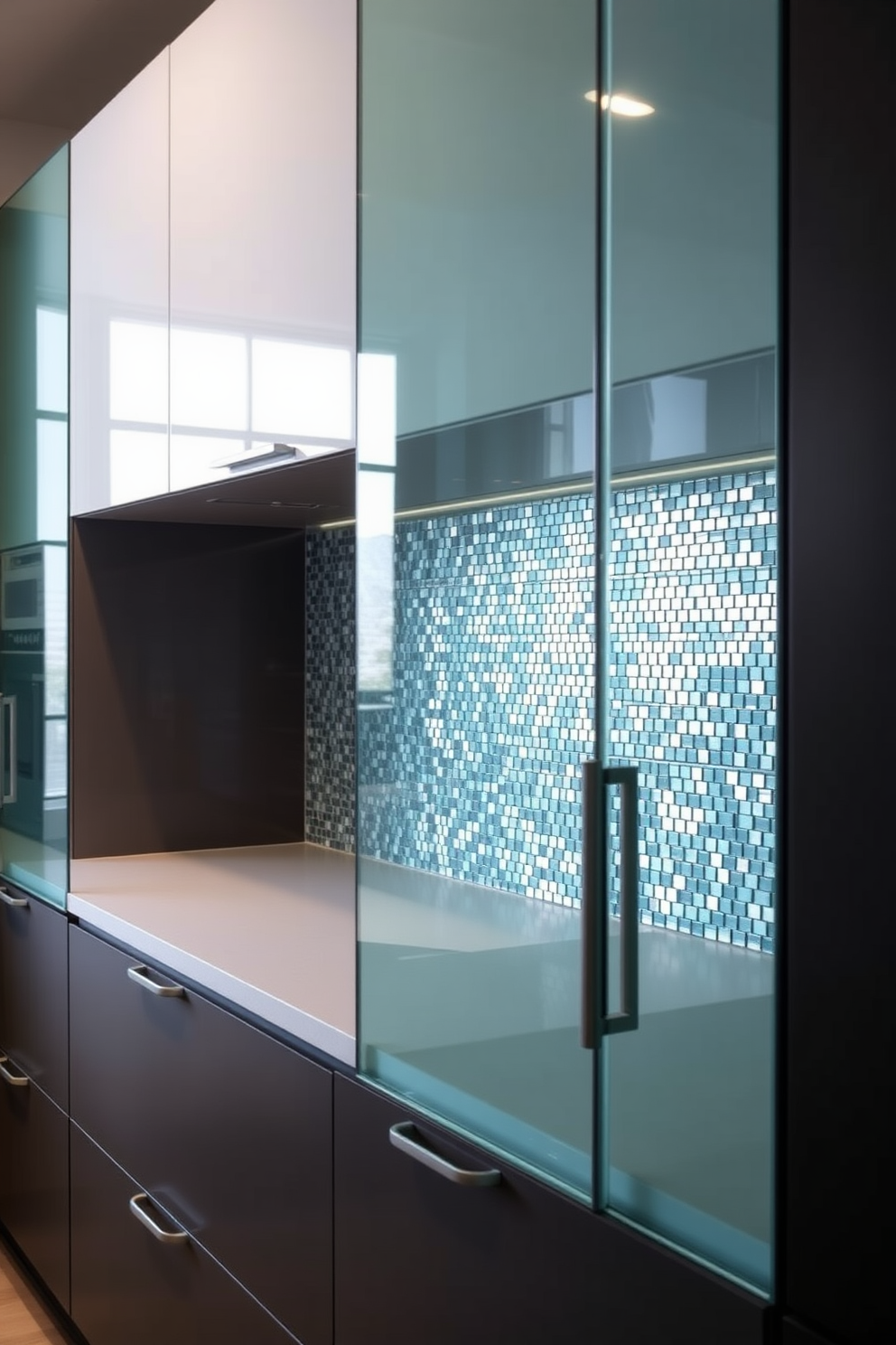 A modern kitchen featuring sleek glass panels for easy cleaning. The backsplash showcases a stunning mosaic of iridescent tiles that reflect light beautifully.