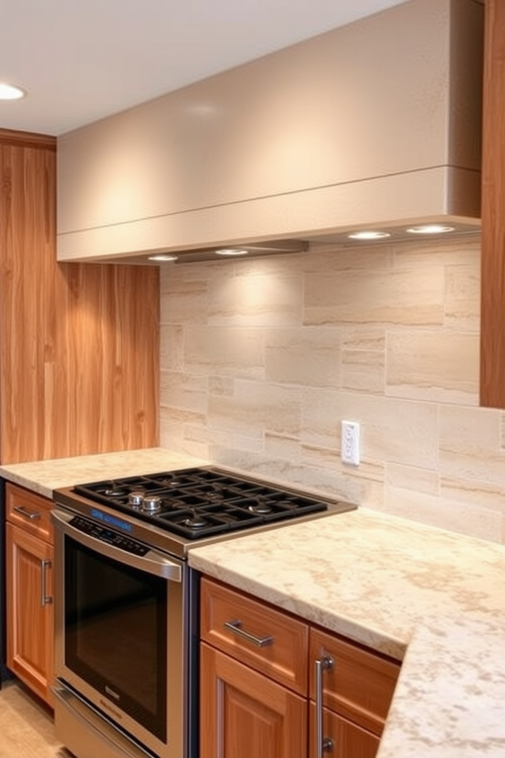 A stunning kitchen backsplash featuring natural limestone tiles that create a warm and inviting atmosphere. The backsplash is complemented by sleek stainless steel appliances and wooden cabinetry, enhancing the overall design. Soft, neutral tones of the limestone blend seamlessly with the countertops, creating a harmonious look. Accent lighting above the backsplash highlights the unique texture and patterns of the stone, adding depth to the space.