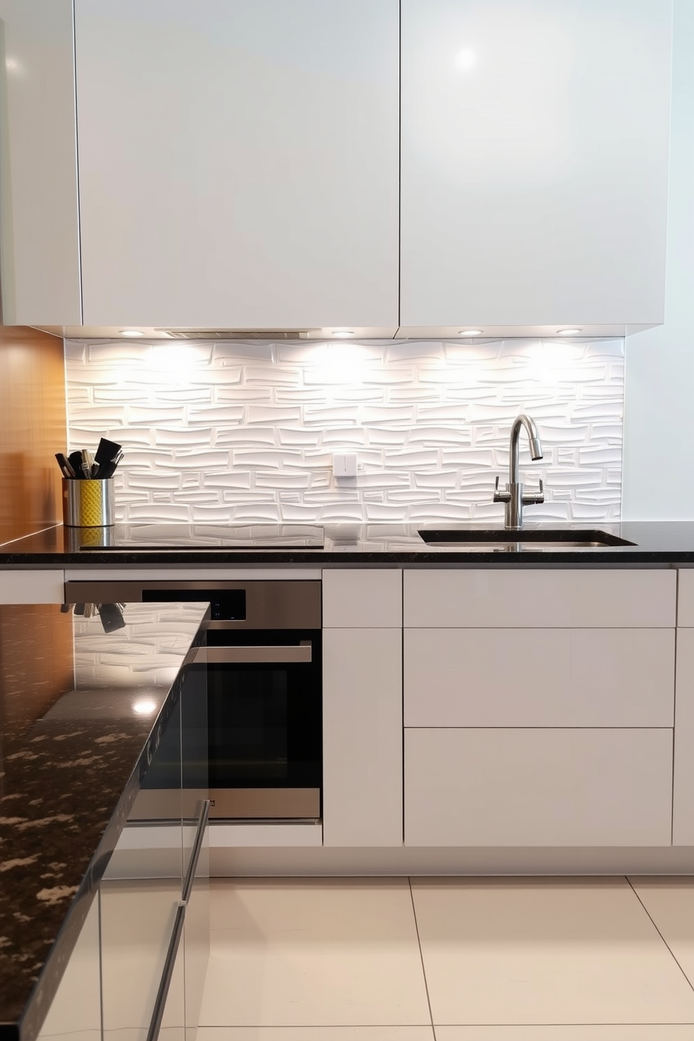 A sleek kitchen featuring large format tiles that minimize grout lines, creating a seamless and modern look. The backsplash showcases a stunning arrangement of glossy white tiles that reflect light beautifully, enhancing the overall brightness of the space. The countertops are a rich dark granite, providing a striking contrast to the light tiles. Under-cabinet lighting illuminates the backsplash, accentuating its elegant design while adding warmth to the kitchen ambiance.