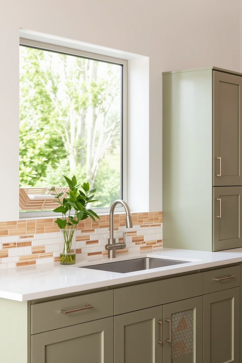 A modern kitchen featuring bamboo tiles as an eco-friendly choice. The backsplash showcases a combination of textured bamboo and sleek white ceramic tiles, creating a harmonious and sustainable aesthetic. The cabinetry is painted in a soft sage green, complementing the natural tones of the bamboo. Above the sink, a large window allows natural light to illuminate the space, enhancing the warmth of the materials.