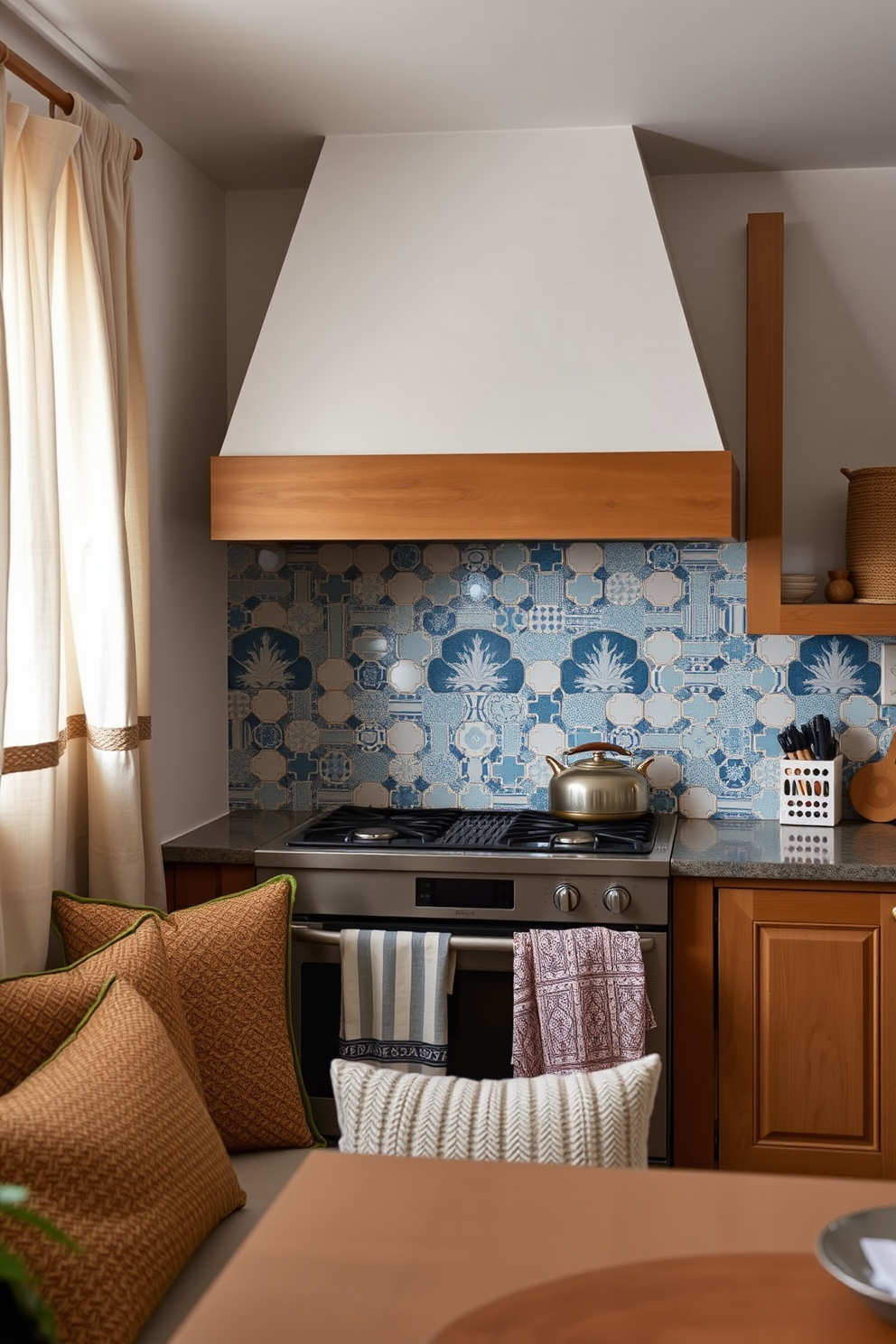 A contemporary kitchen backsplash featuring color gradient tiles that transition smoothly from deep blue at the bottom to a soft white at the top. The tiles are arranged in a geometric pattern, creating a visually striking focal point that complements sleek stainless steel appliances and wooden cabinetry.