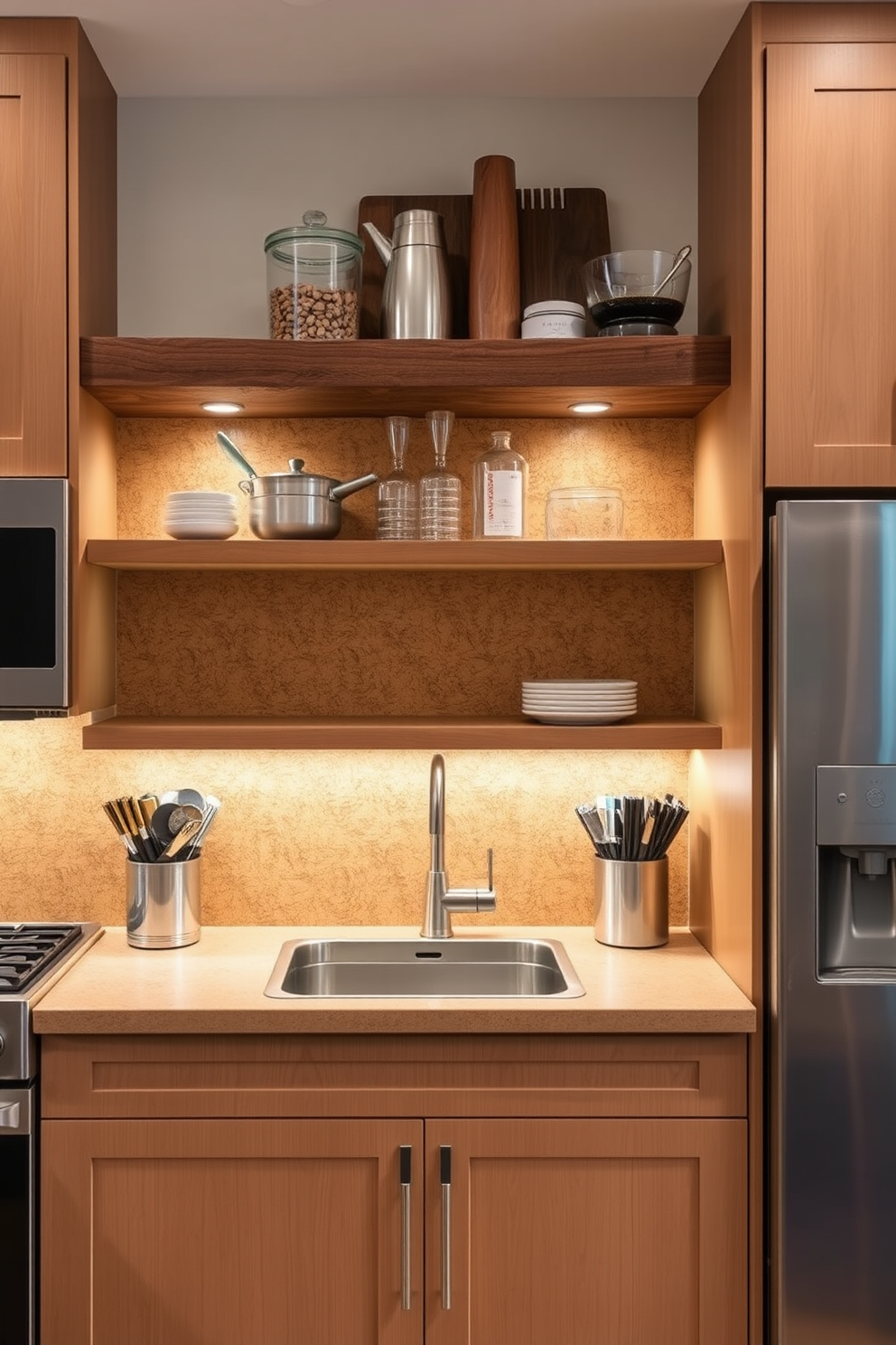 A warm and inviting kitchen featuring a cork backsplash that adds both texture and warmth to the space. The natural tones of the cork complement the sleek cabinetry and stainless steel appliances, creating a harmonious balance. The cork backsplash is highlighted by soft under-cabinet lighting that enhances its unique grain pattern. A rustic wooden shelf above the countertop displays carefully curated kitchenware, adding character to the overall design.