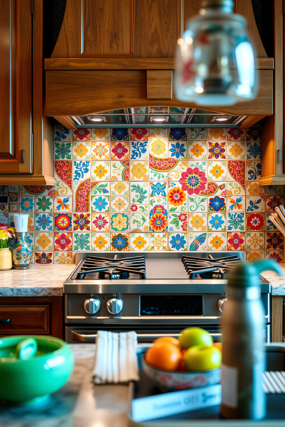 A vibrant kitchen backsplash featuring hand-painted tiles in a variety of colors and intricate patterns. The tiles are arranged in a way that creates a stunning focal point behind the stove, complementing the warm wooden cabinetry. The backsplash design incorporates a mix of floral and geometric motifs, enhancing the artisanal charm of the space. Soft lighting highlights the textures and colors of the tiles, creating an inviting atmosphere in the kitchen.