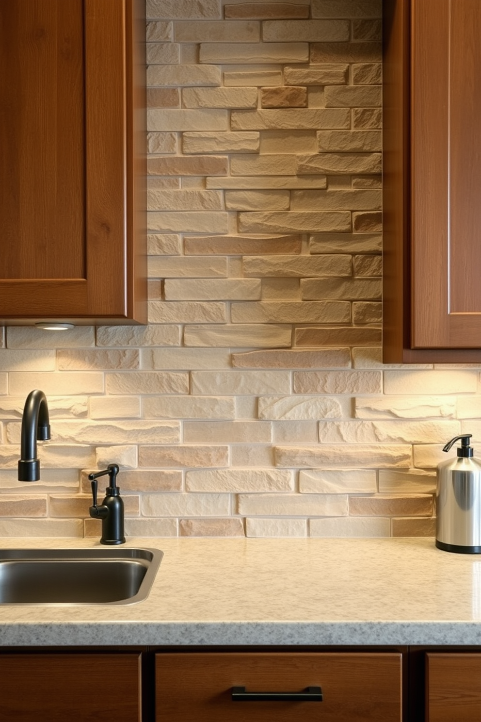 A rustic kitchen backsplash featuring natural stone slabs creates an inviting atmosphere. The textured stones are arranged in a herringbone pattern, complemented by warm wood cabinetry and industrial-style fixtures. The backsplash showcases a mix of earthy tones, enhancing the overall charm of the kitchen. Soft under-cabinet lighting highlights the unique variations in the stone, adding depth and character to the space.