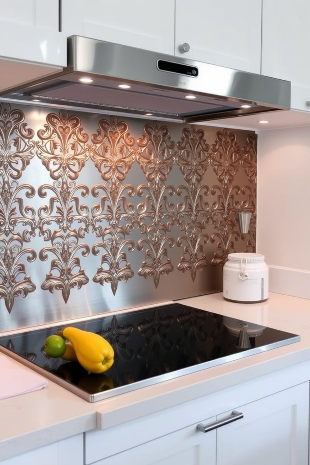 A striking kitchen backsplash featuring decorative metal sheets that create a bold statement. The backsplash is designed with intricate patterns and a brushed finish, reflecting light beautifully and enhancing the overall aesthetic of the kitchen.