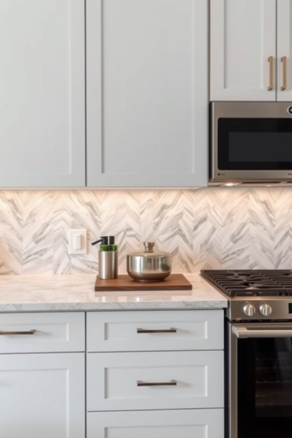 A modern kitchen showcases a sleek backsplash featuring matte black tiles that exude elegance and sophistication. The tiles are arranged in a herringbone pattern, creating a striking visual contrast against the light cabinetry and countertops. The minimalist design is complemented by stainless steel appliances and subtle under-cabinet lighting that highlights the beauty of the matte black surface. A few potted herbs on the countertop add a touch of freshness and warmth to the contemporary space.