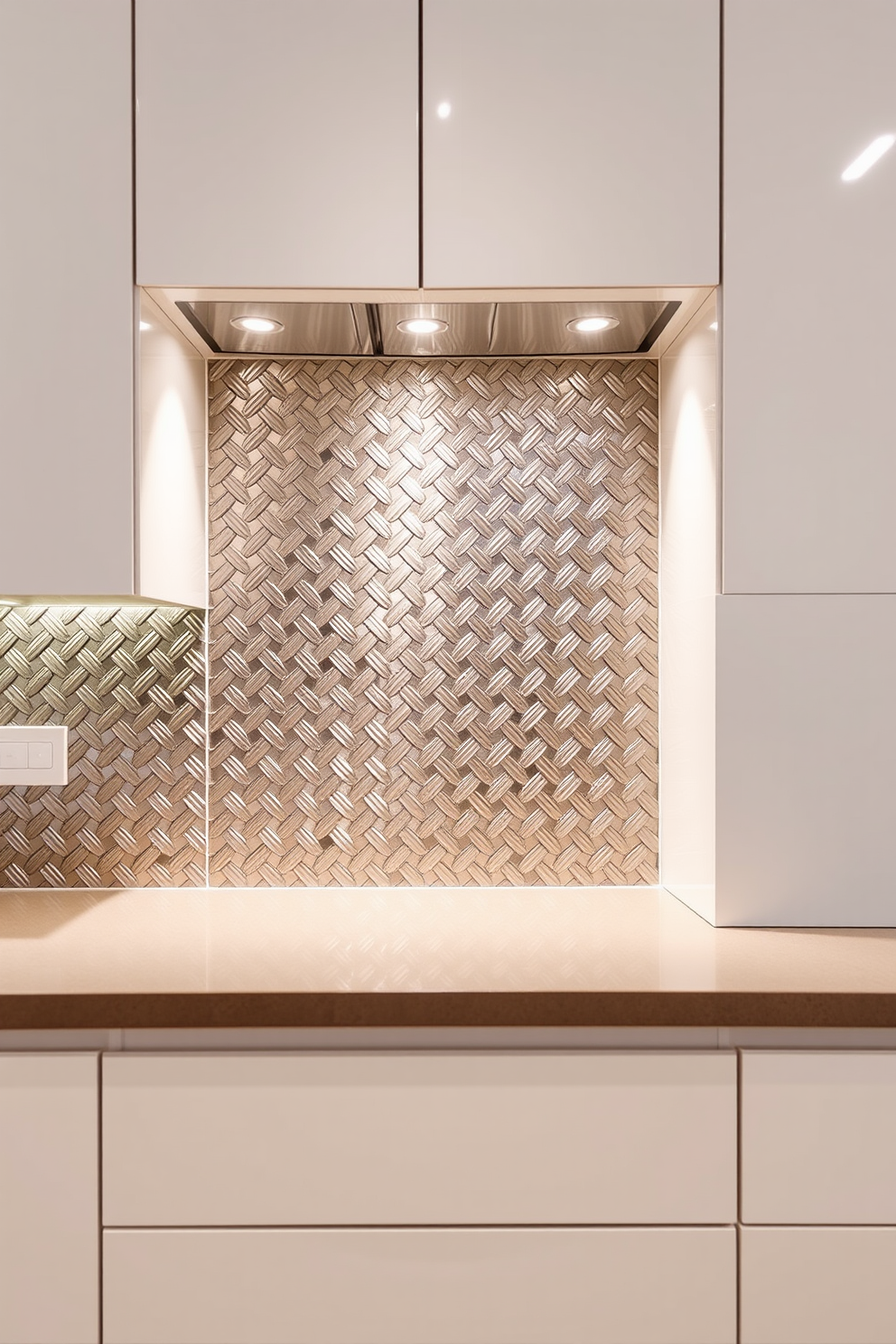 A sleek kitchen featuring a metallic tile backsplash that reflects light beautifully. The tiles are arranged in a herringbone pattern, adding texture and depth to the space. The cabinetry is a crisp white, providing a striking contrast to the shiny backsplash. Under-cabinet lighting enhances the modern aesthetic and highlights the intricate details of the tiles.