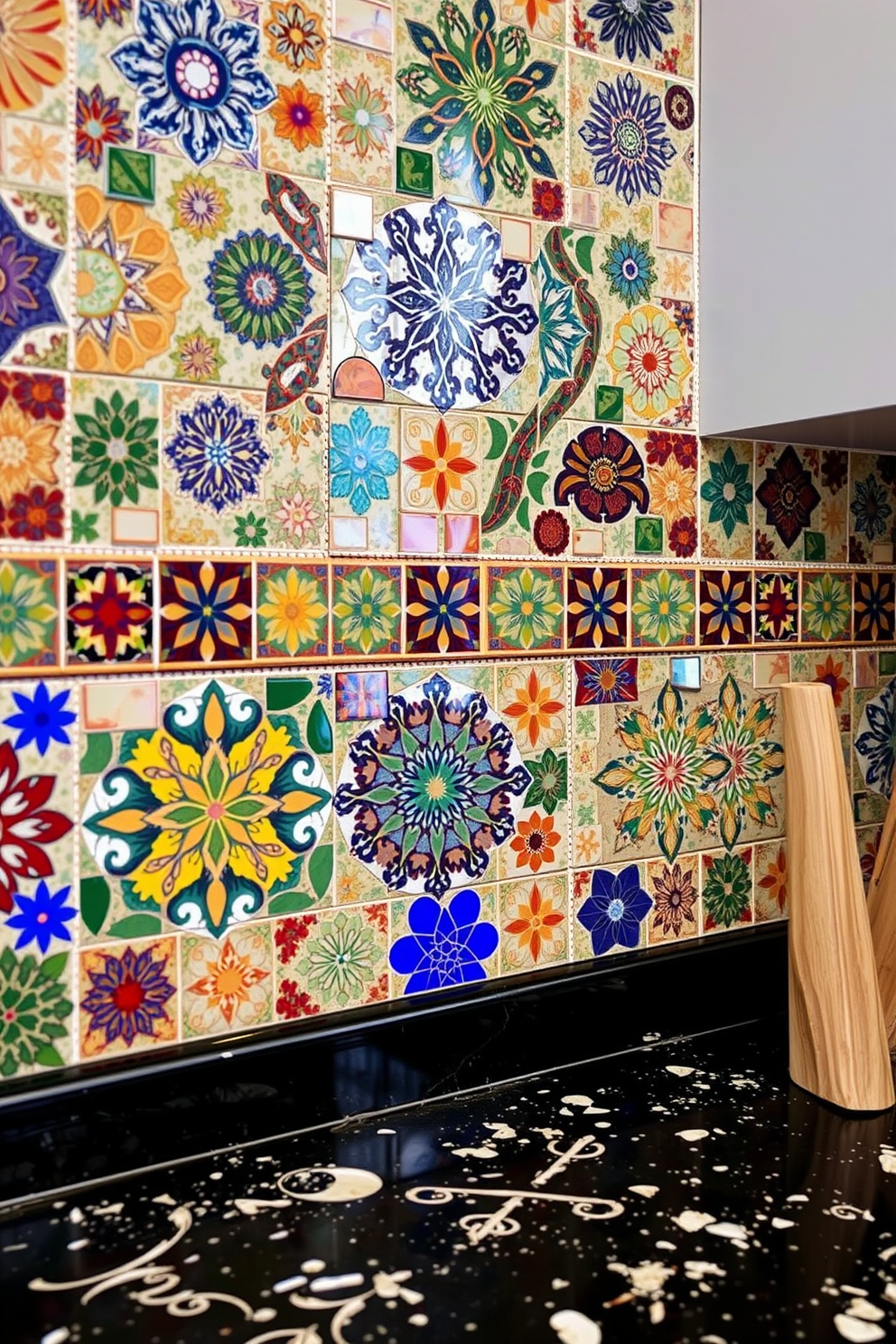 A vibrant kitchen backsplash featuring mosaic tiles with intricate designs in various colors. The tiles create a stunning visual effect that complements the overall kitchen aesthetic while adding a touch of artistry.