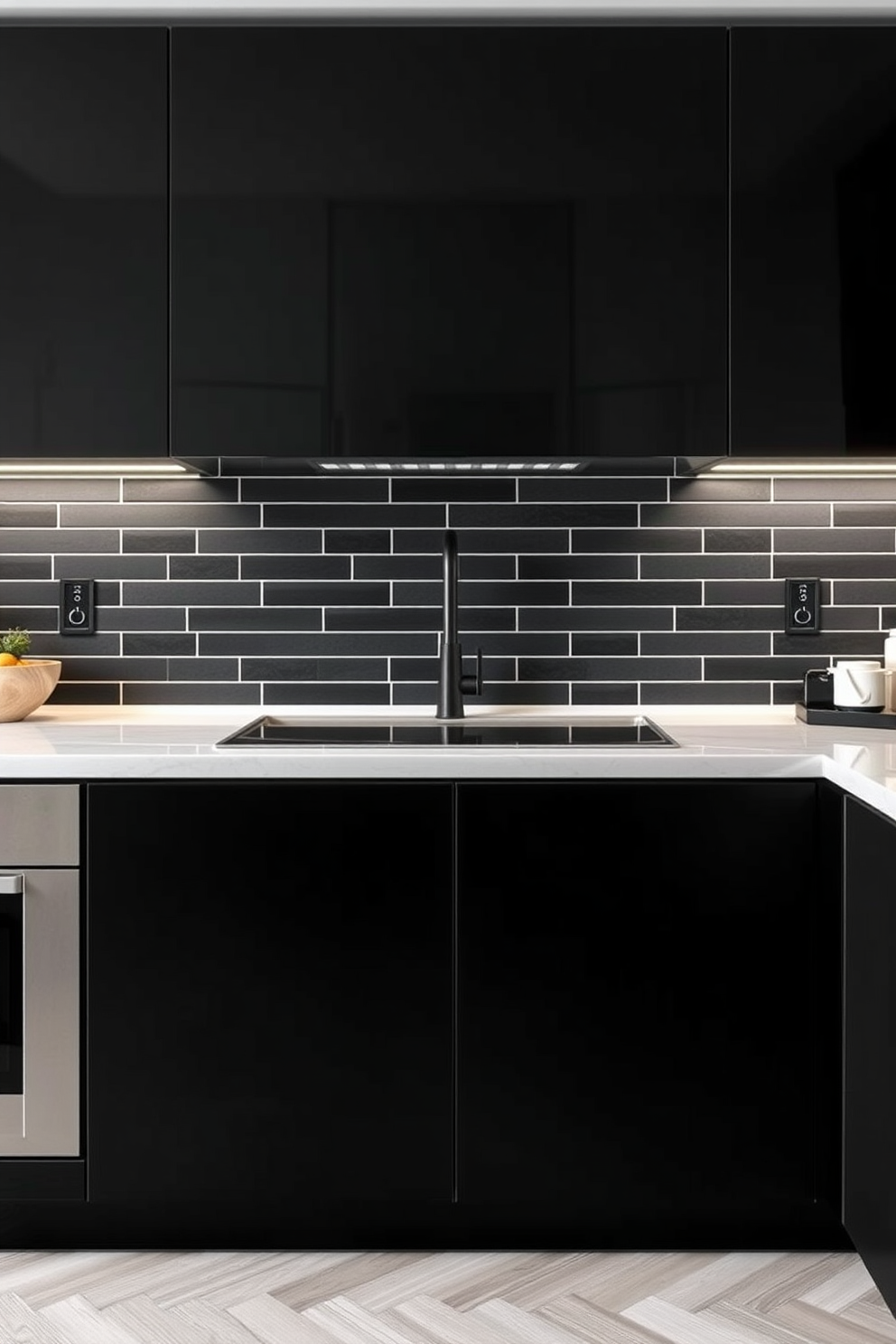 A vibrant kitchen space featuring colorful encaustic tiles as the backsplash. The tiles display intricate patterns in shades of blue, yellow, and red, creating a lively focal point against white cabinetry and stainless steel appliances.