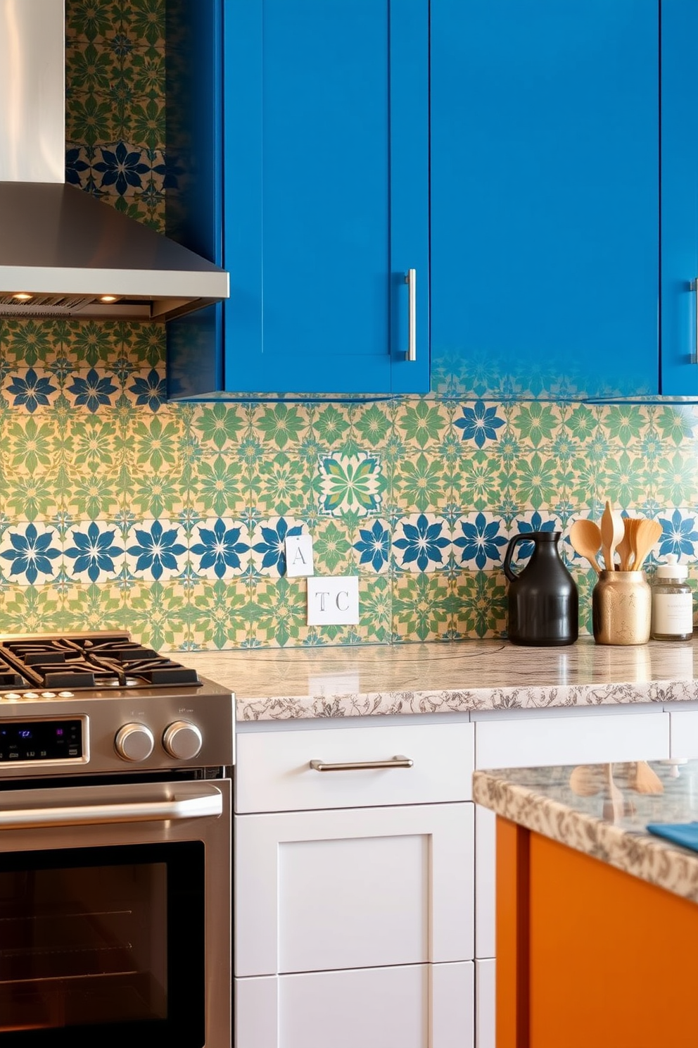 A vibrant kitchen featuring a stunning backsplash made of cement tiles with intricate geometric patterns. The tiles are arranged in a captivating design, creating a focal point that complements the modern cabinetry and stainless steel appliances.